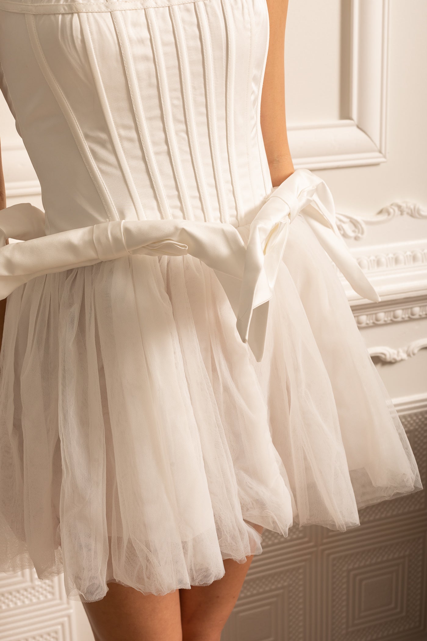 Corset Dress With Tulle Mini Skirt And Waist Bows - White