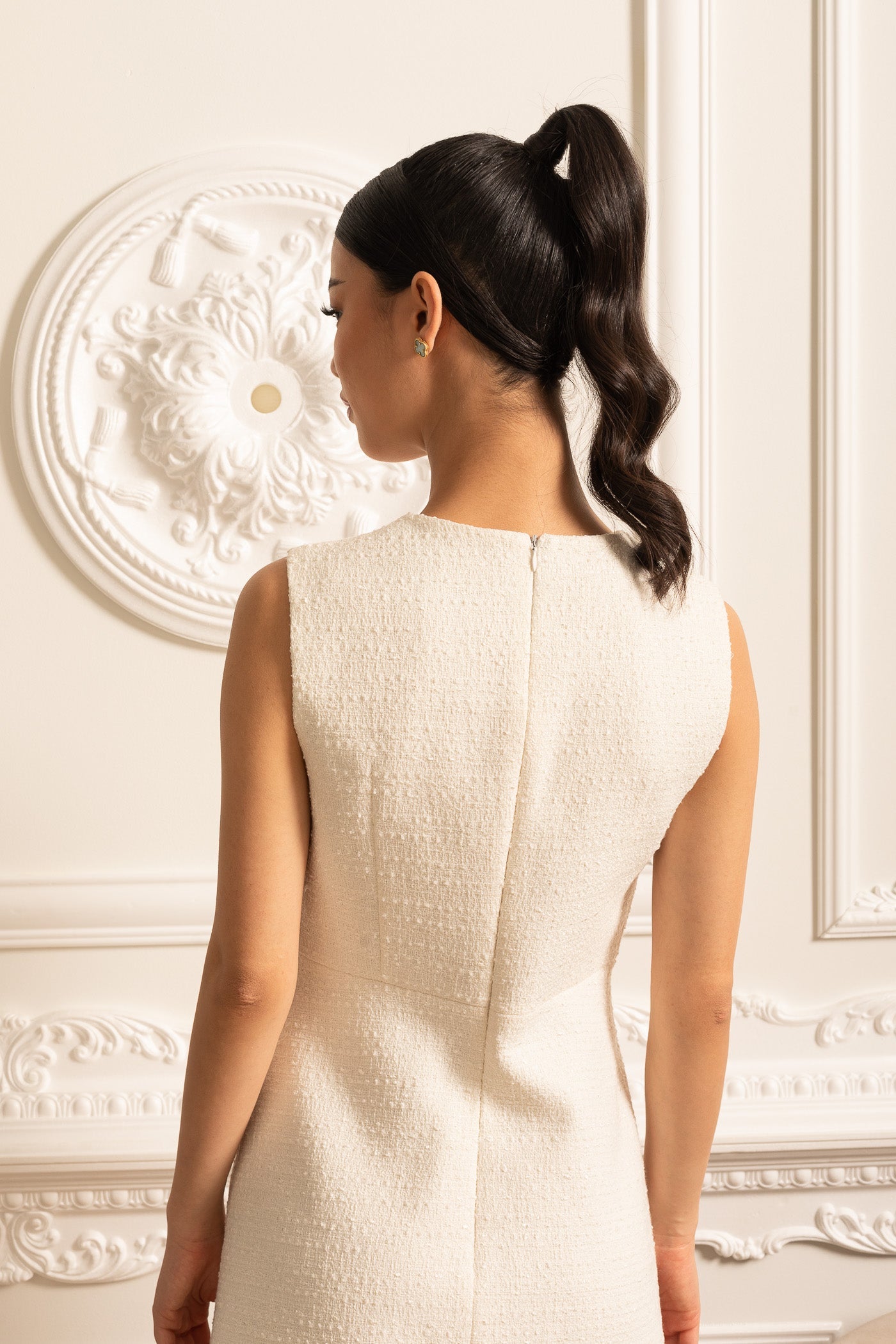 Textured Sleeveless Dress With Pearl Button Accents - White