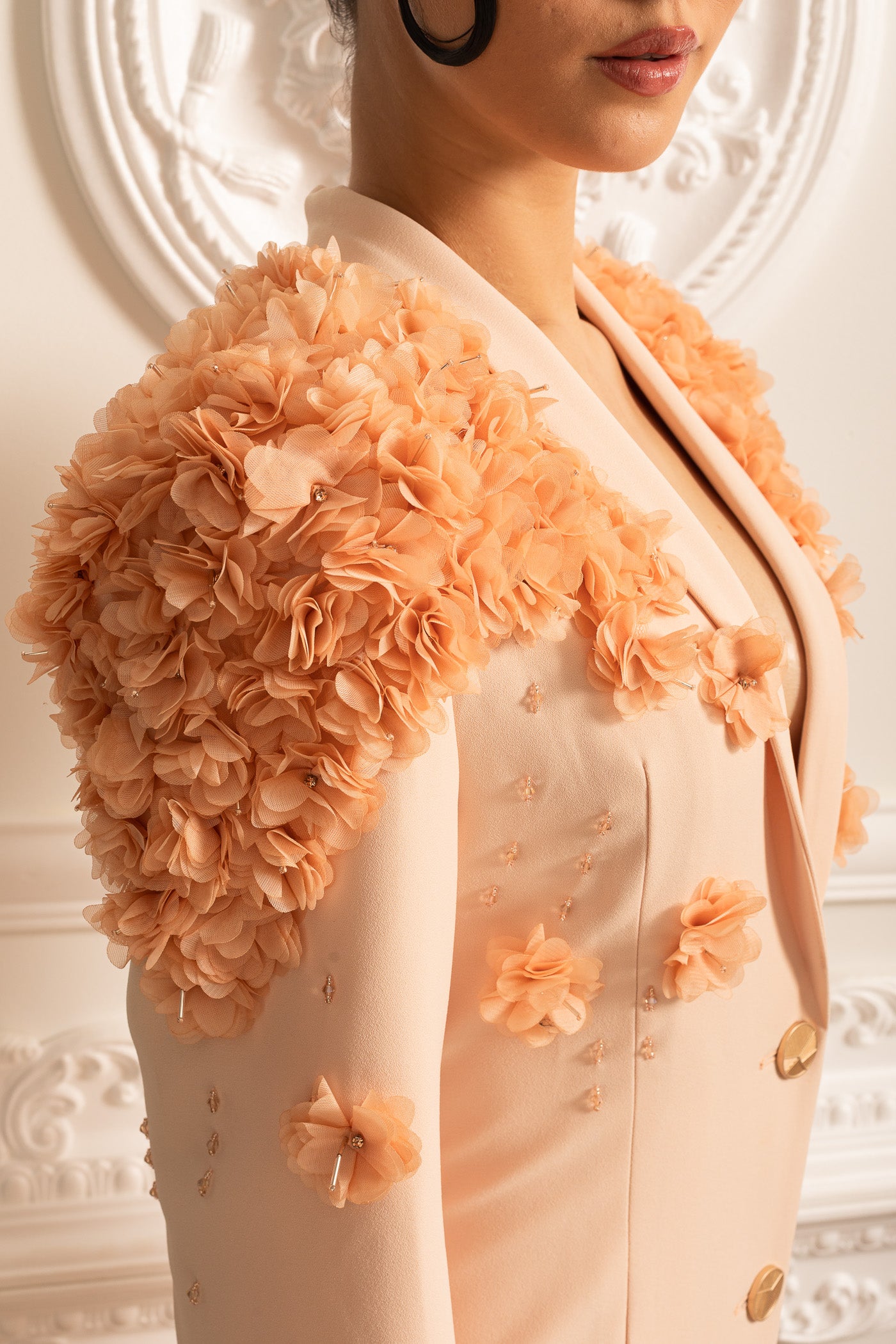 Long Blazer With 3D Contrasting Floral Shoulder And Back Accents - Peach