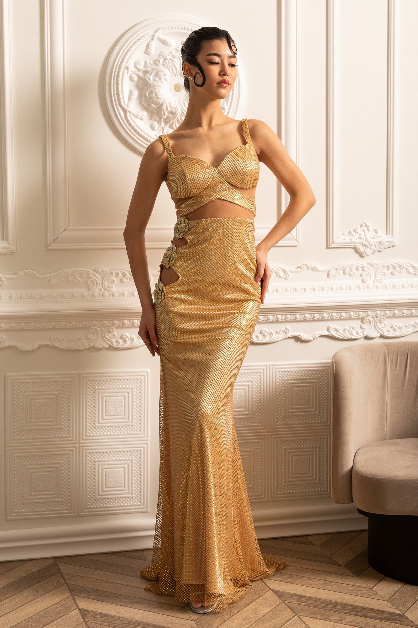 Mesh Gown With Floral Embellishments And Cut-Out Details - Gold