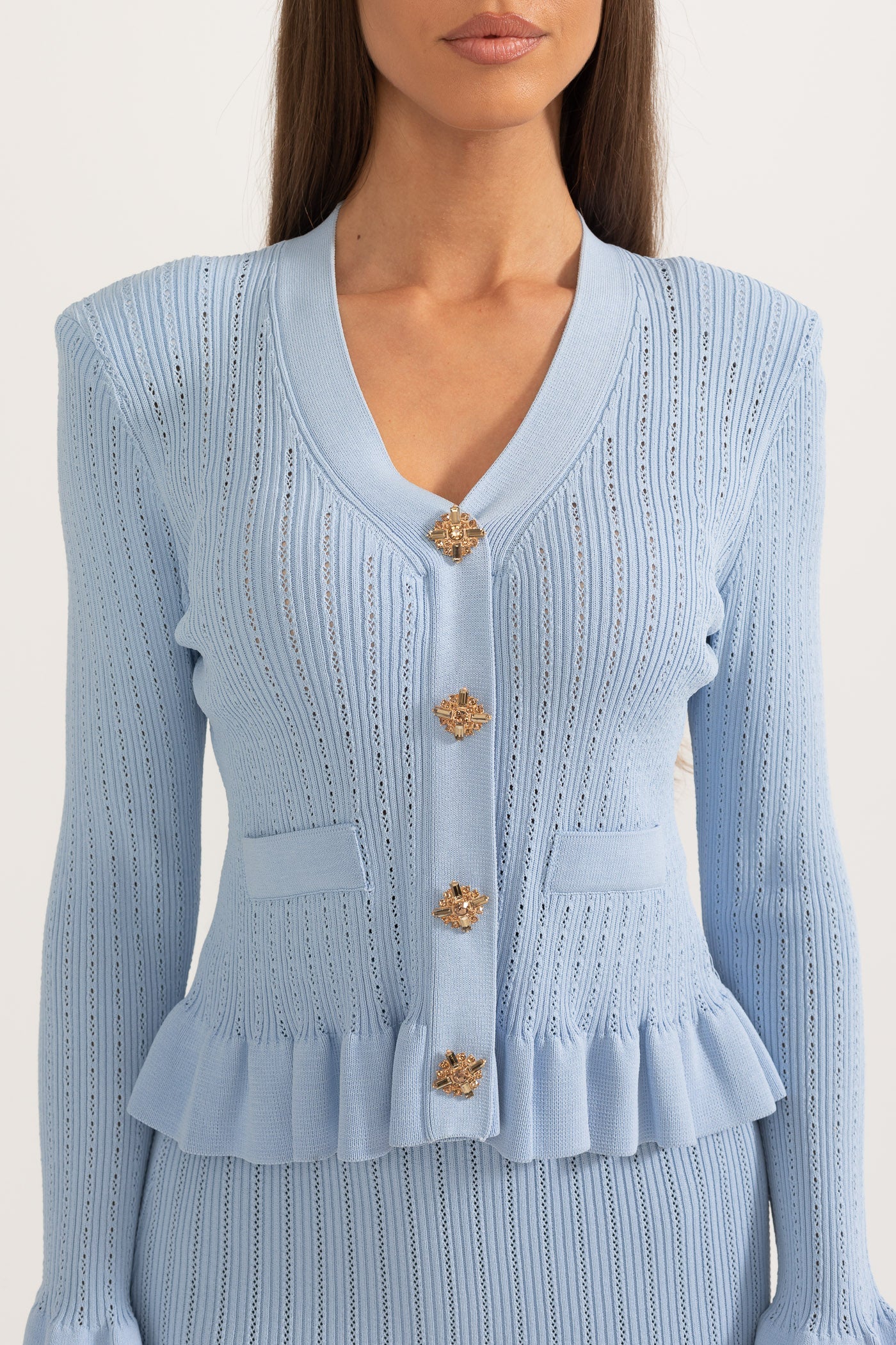 Rüschenjacke & ausgestellter Rock Strick-Set - Baby Blue