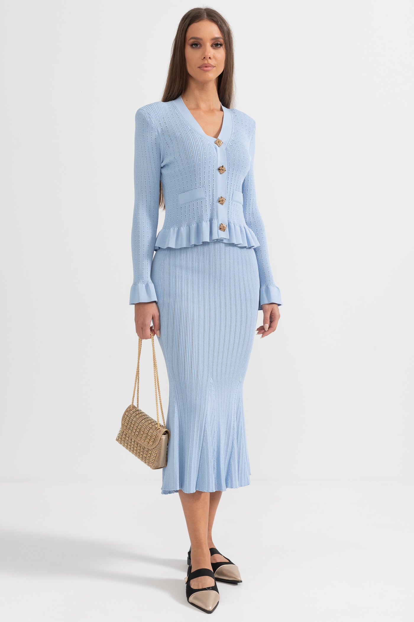 Rüschenjacke & ausgestellter Rock Strick-Set - Baby Blue