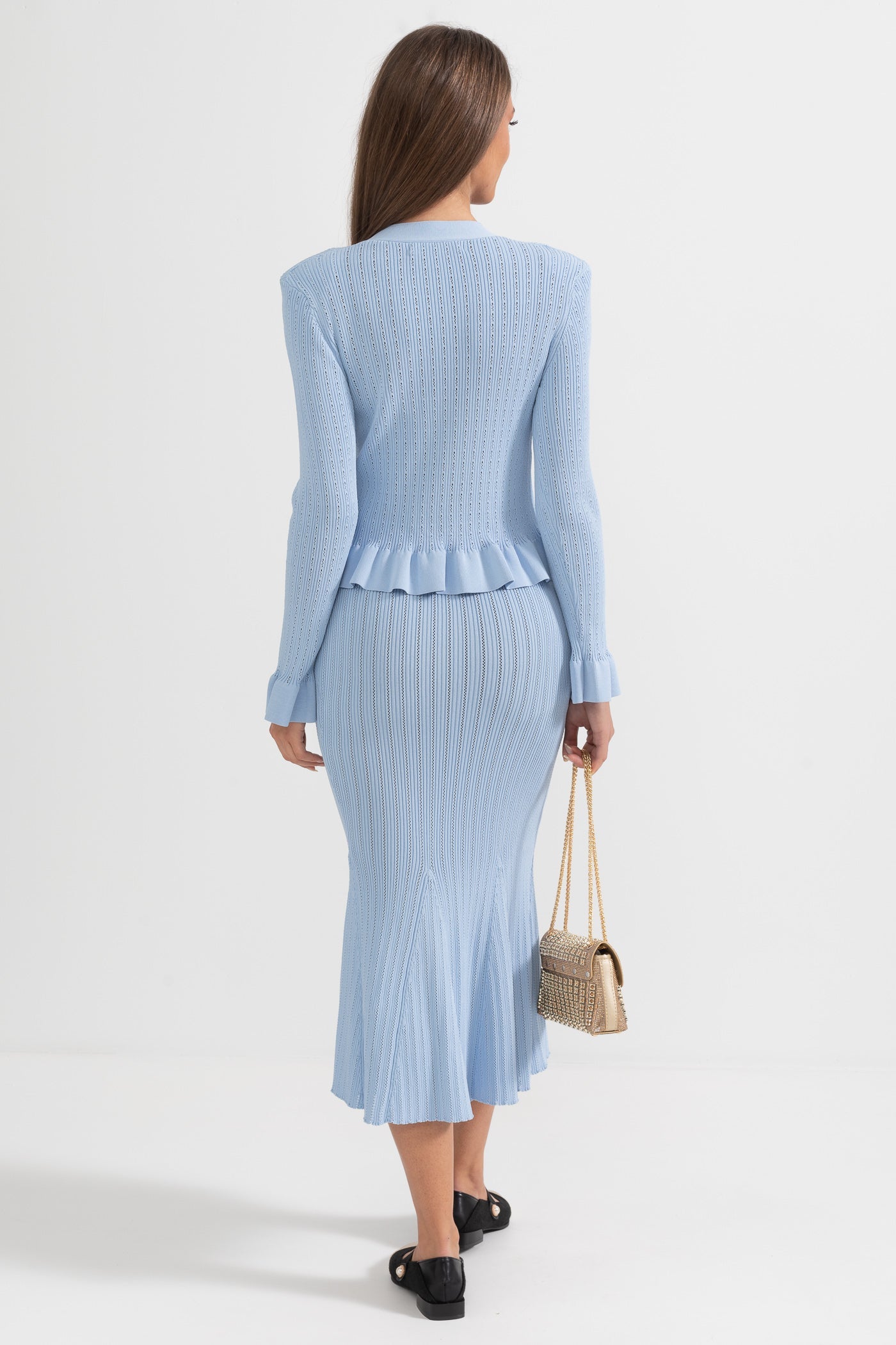 Rüschenjacke & ausgestellter Rock Strick-Set - Baby Blue