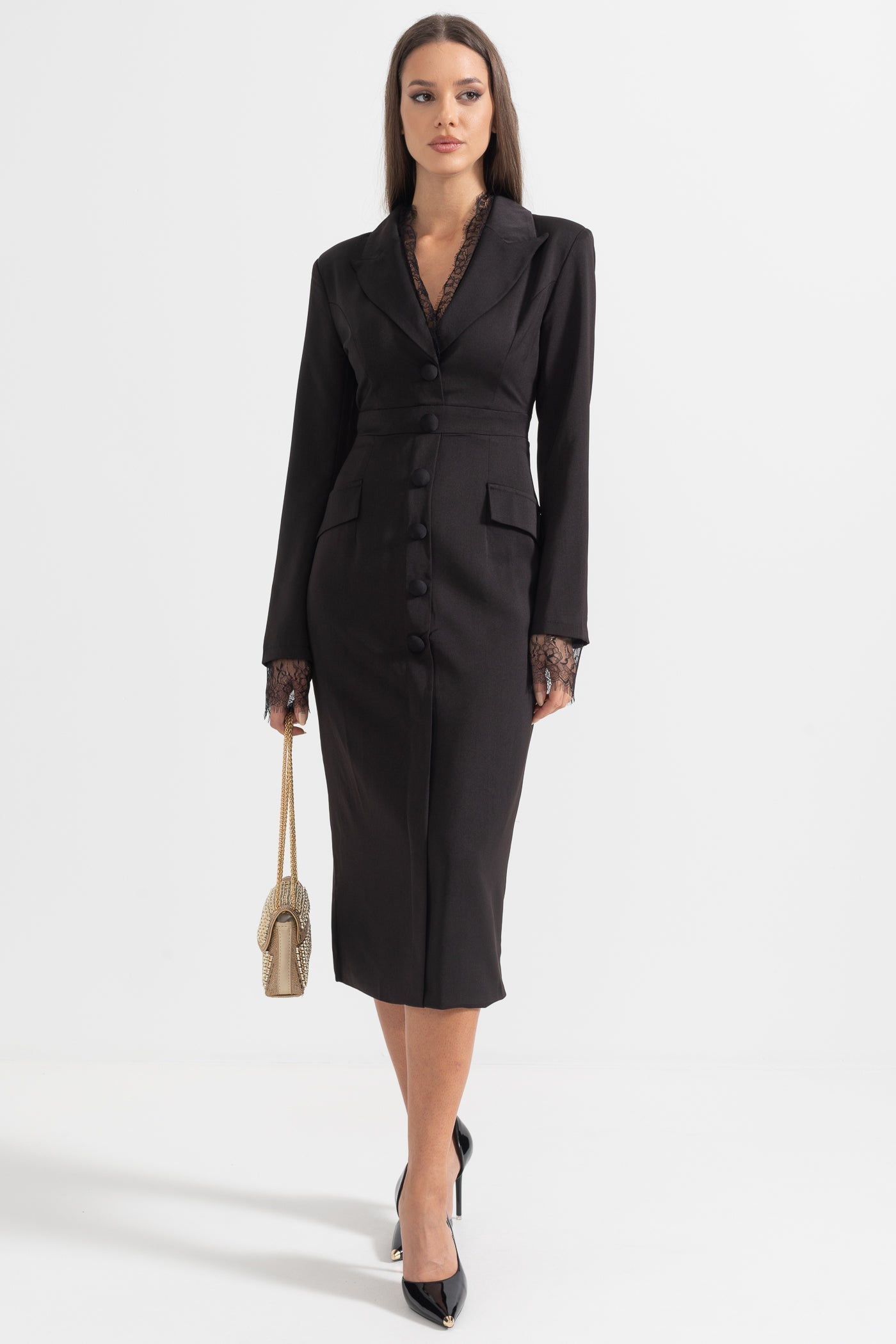 Elegantes, mit Knöpfen versehenes Kleid mit Spitzen-Details – Schwarz