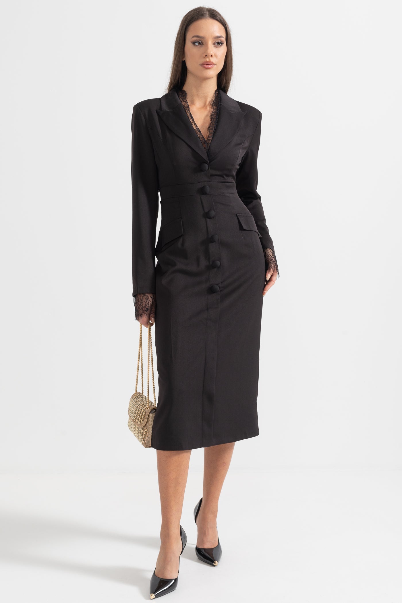 Elegantes, mit Knöpfen versehenes Kleid mit Spitzen-Details – Schwarz