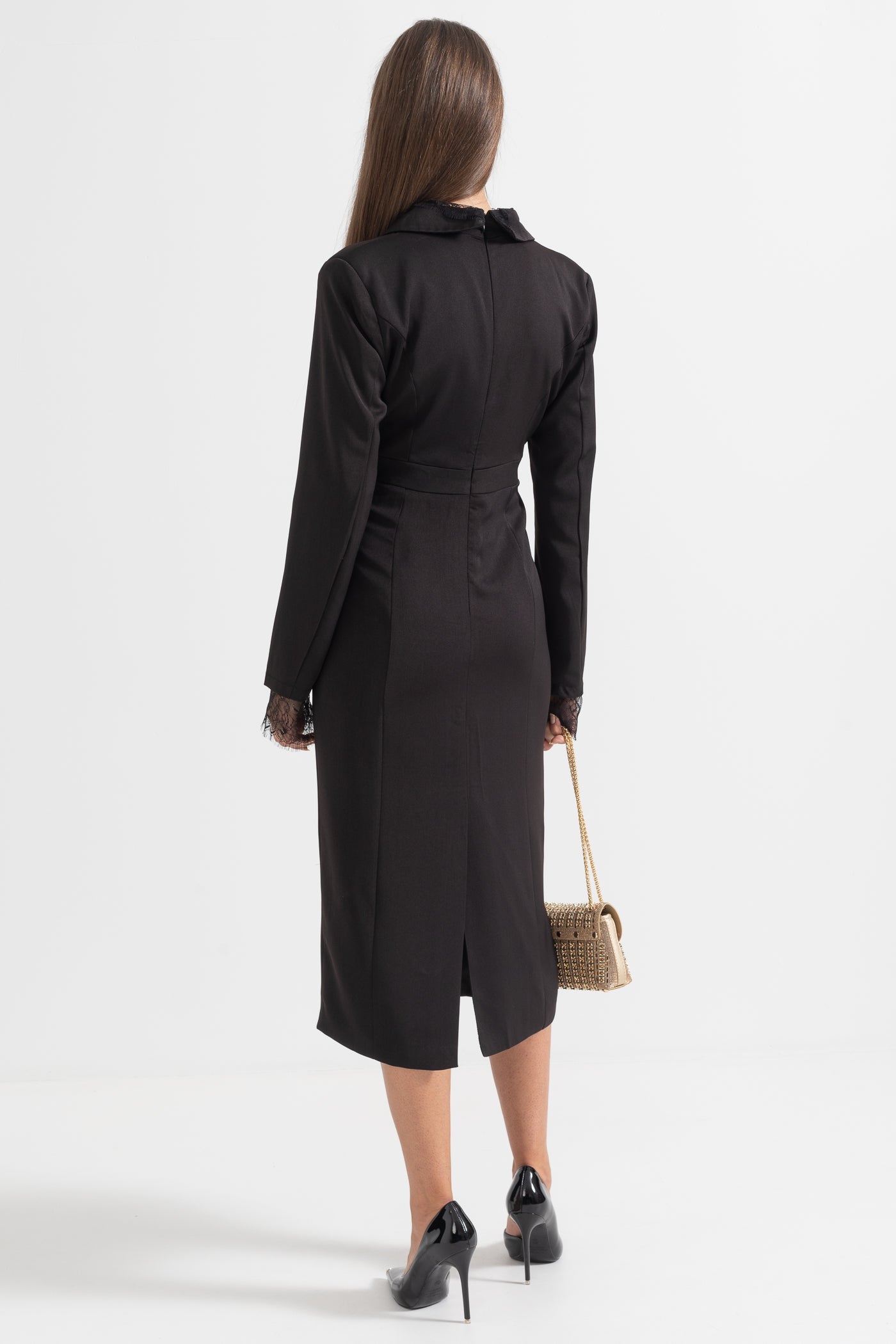 Elegantes, mit Knöpfen versehenes Kleid mit Spitzen-Details – Schwarz