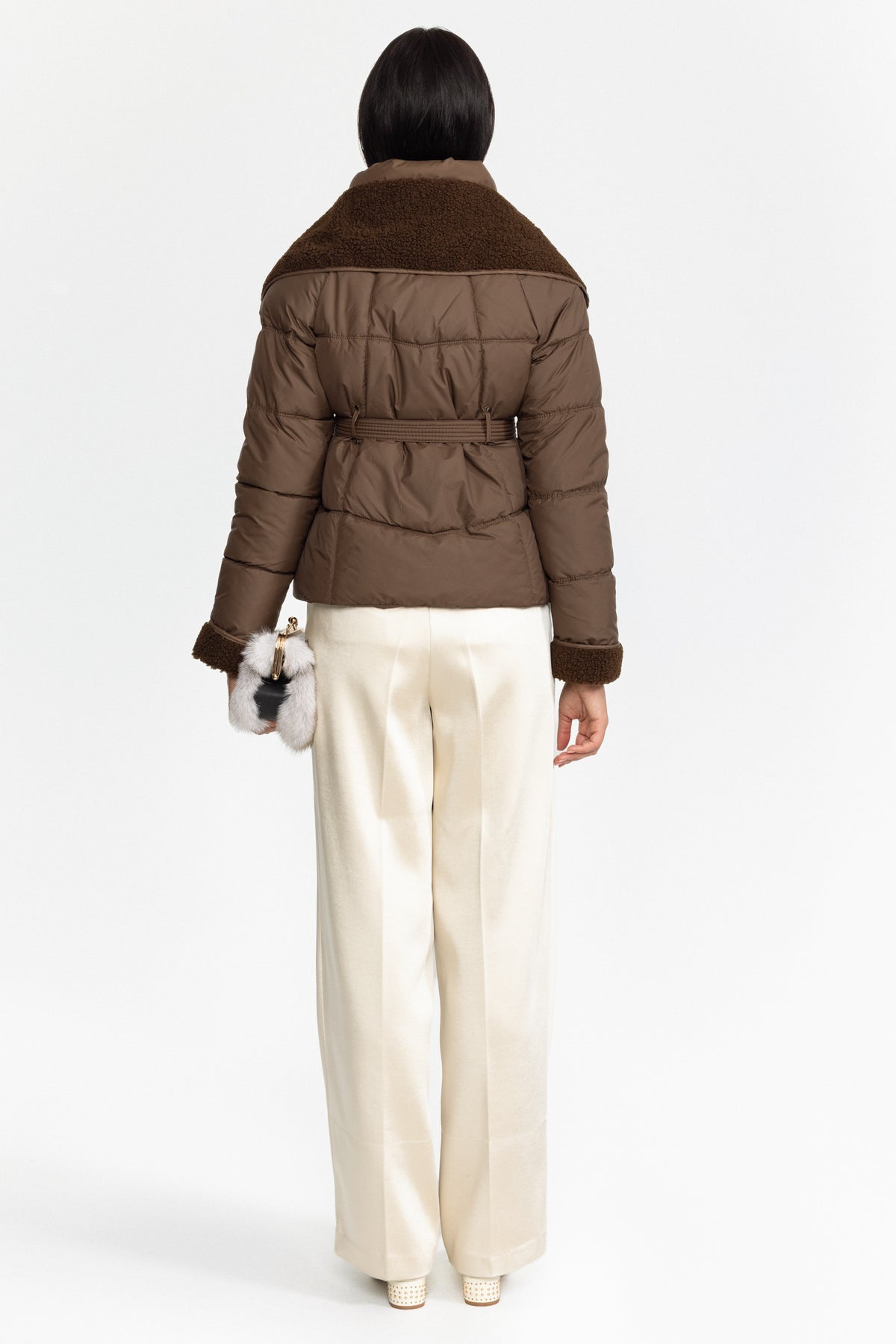 Belted Puffer Jacket with Teddy Collar - Coffee