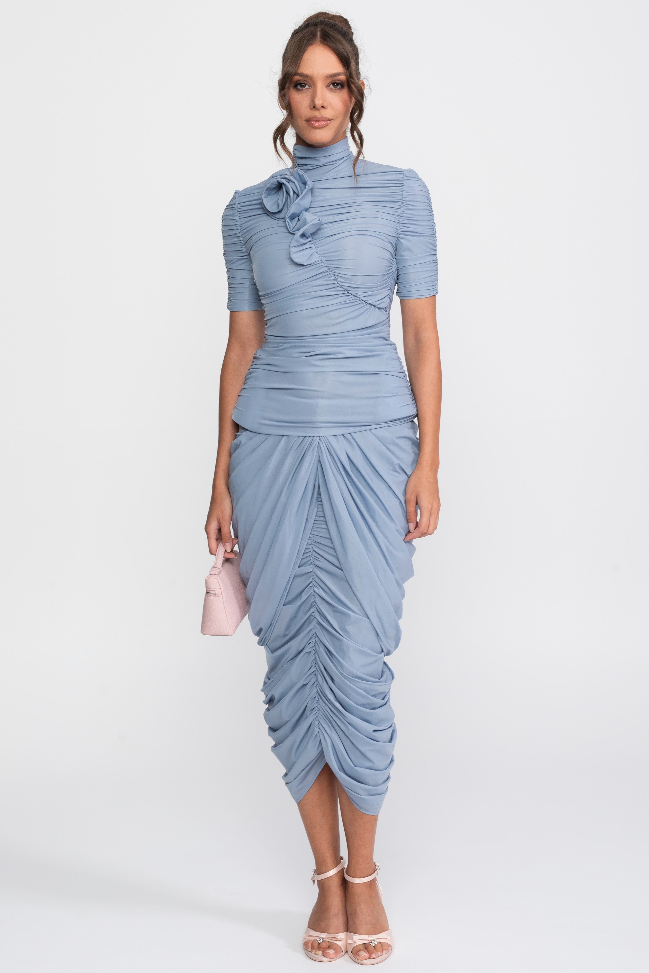Rosette Co-Ord-Set mit gerafftem Top und passendem Midirock - Blau