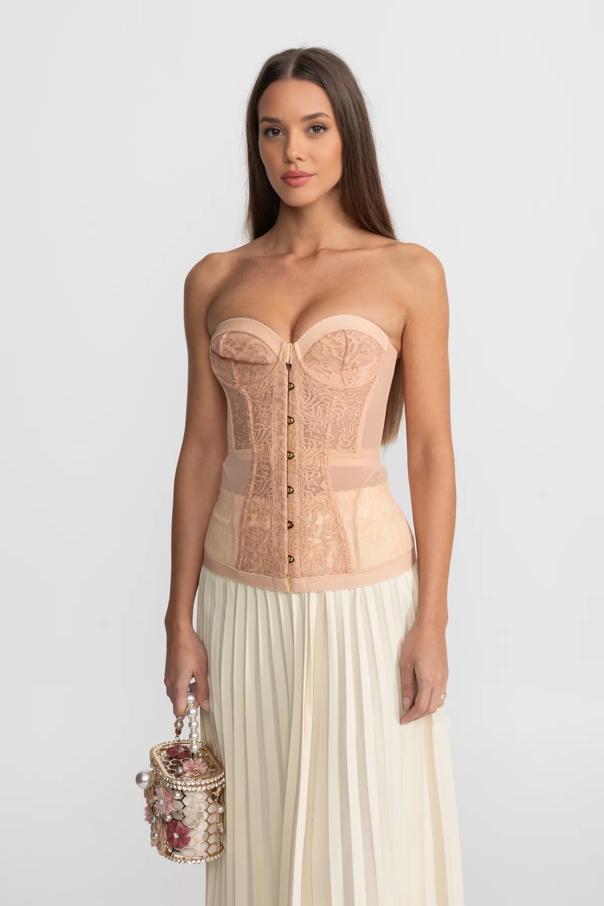 Trägerloses Spitzen-Corsagen-Top mit Stäbchen und Frontverschluss – Nude