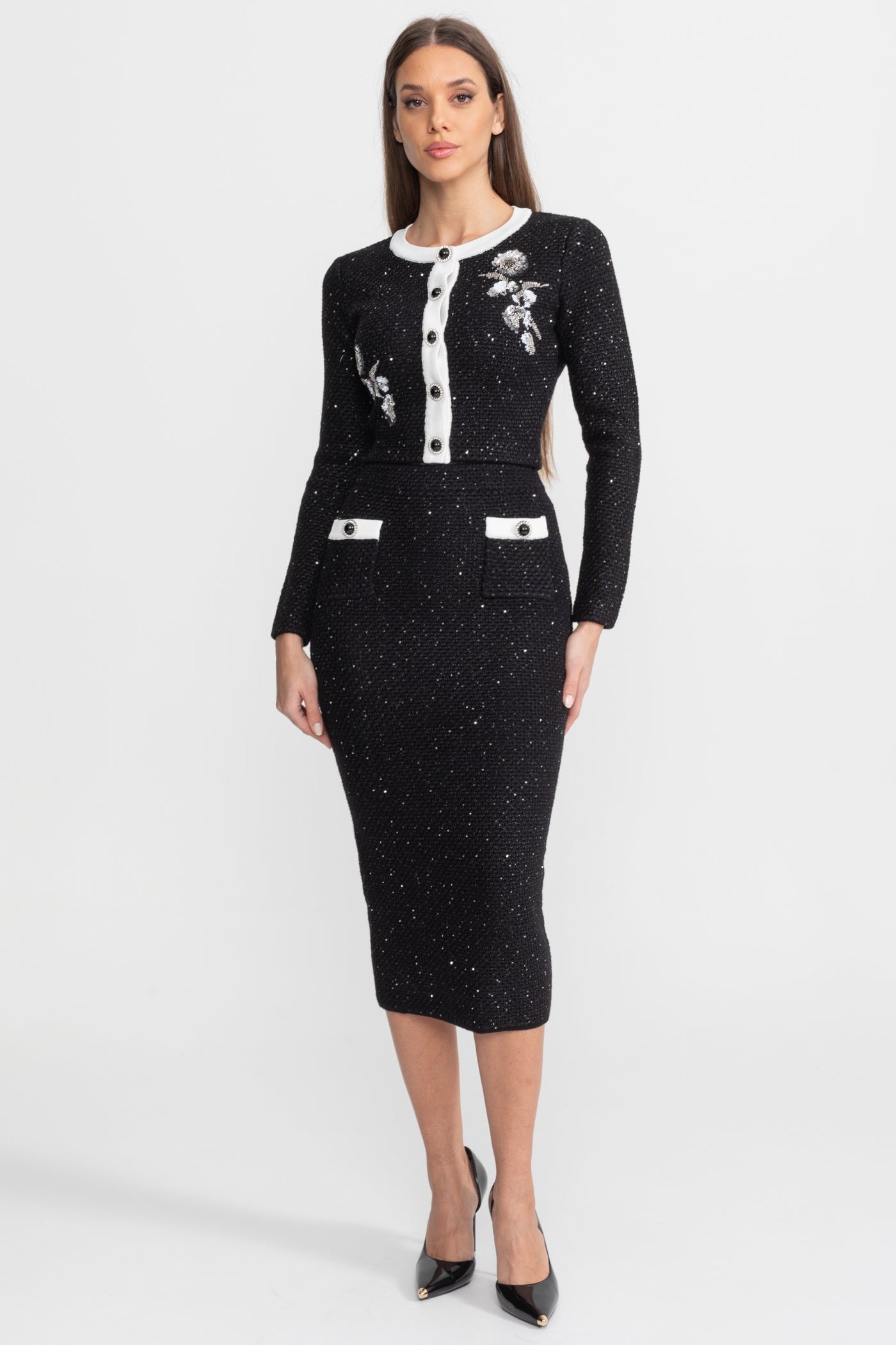 Besticktes Tweed-Strick-Co-Ord-Set mit kontrastierendem Besatz – Schwarz