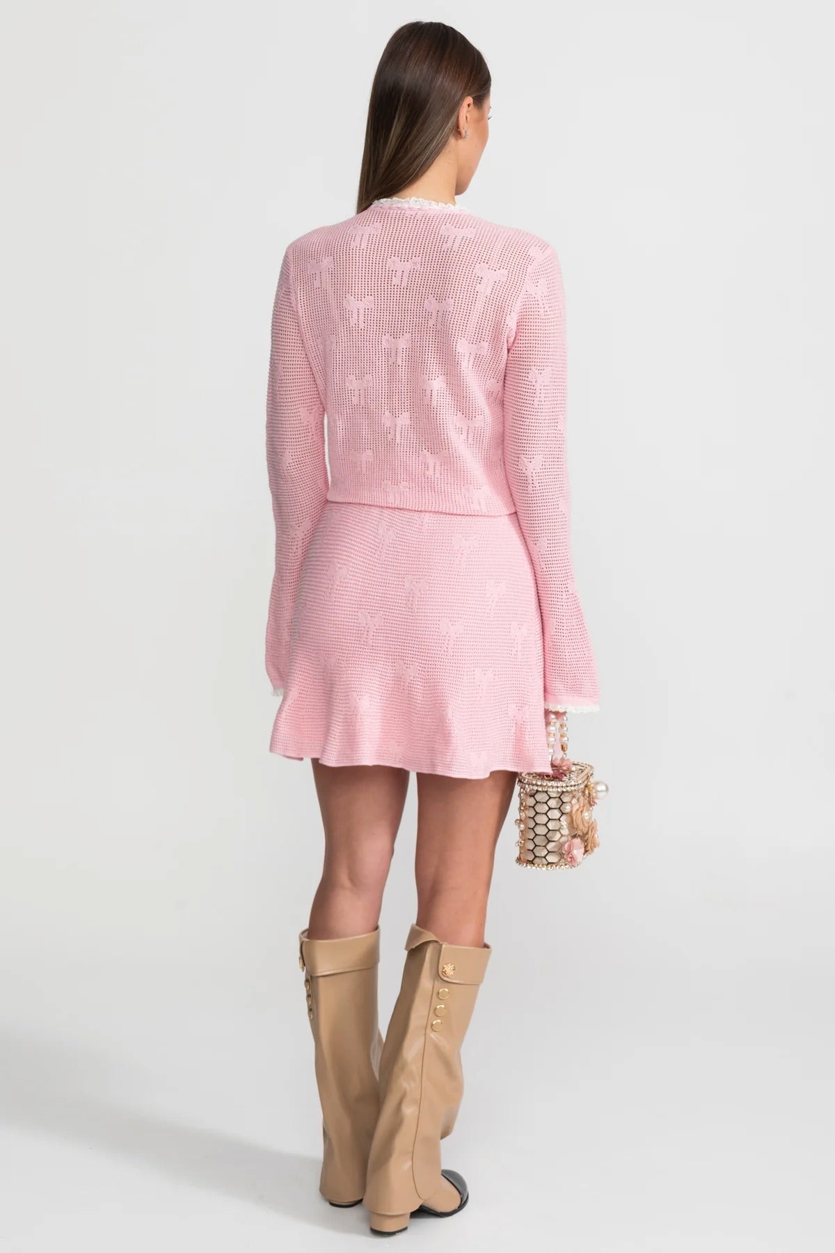 Strick-Co-ord-Set mit Perlen- und Schleifendetails – Baby Pink