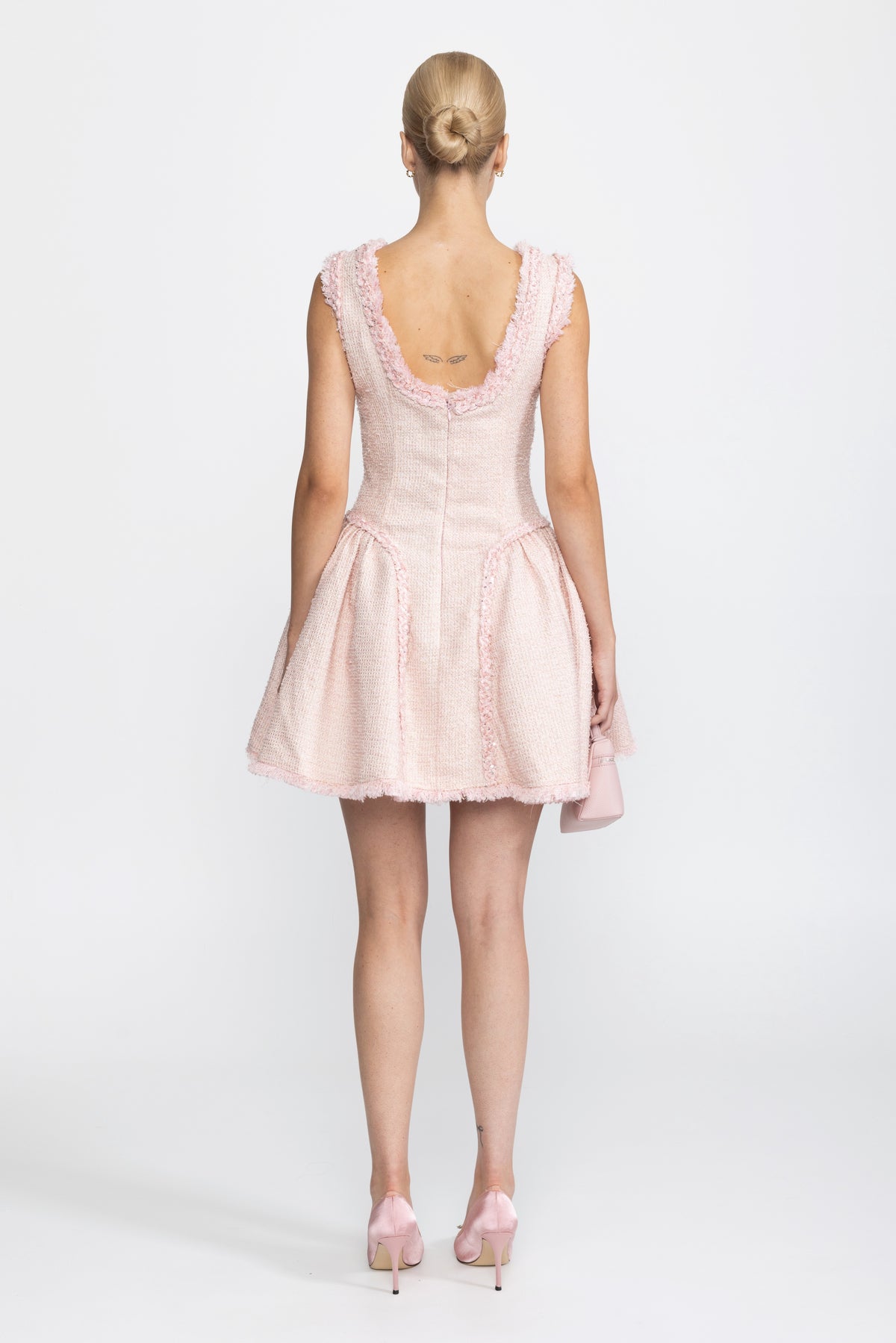 Frayed Trim Tweed Sculpted Mini Dress - Pink
