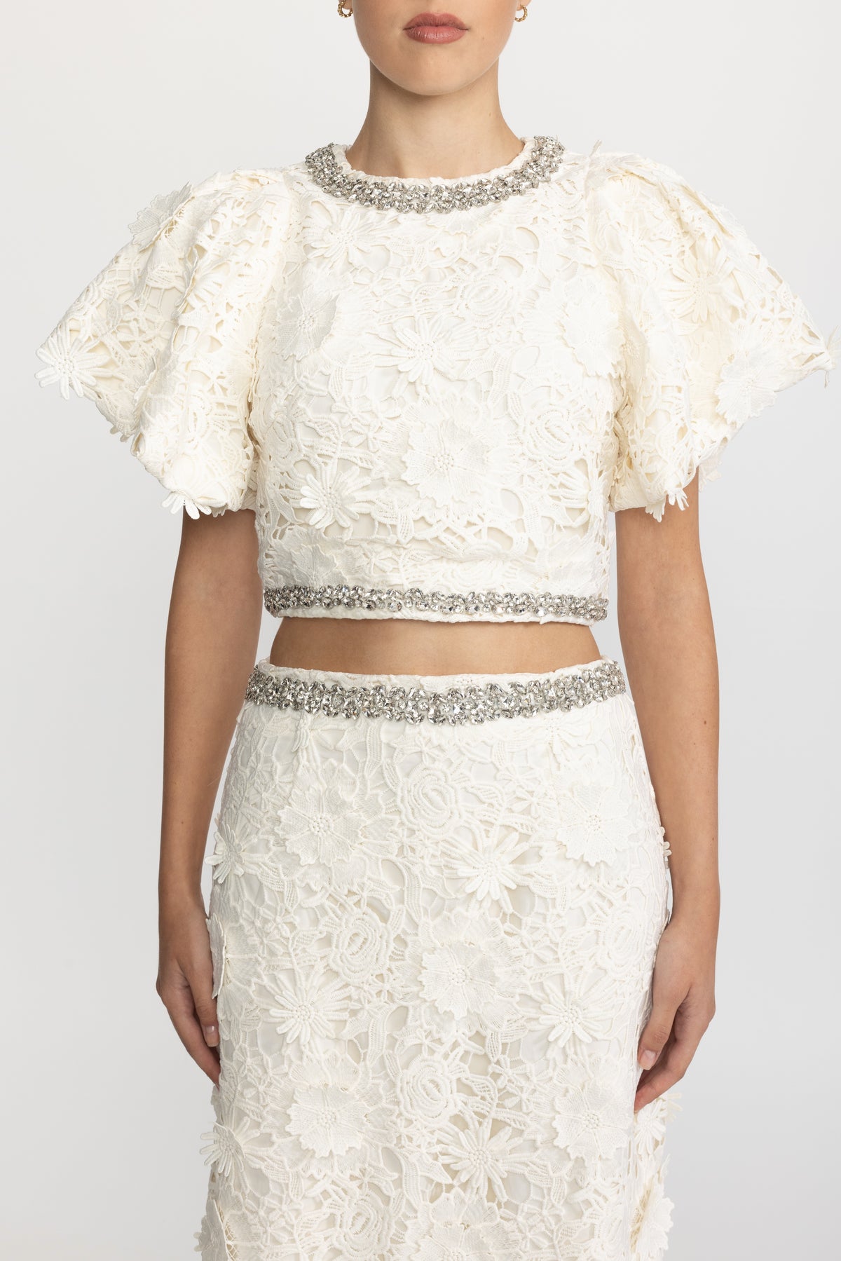 Crystal Trim Guipure Lace Crop Top and Maxi Skirt Co-ord Set - Ivoire