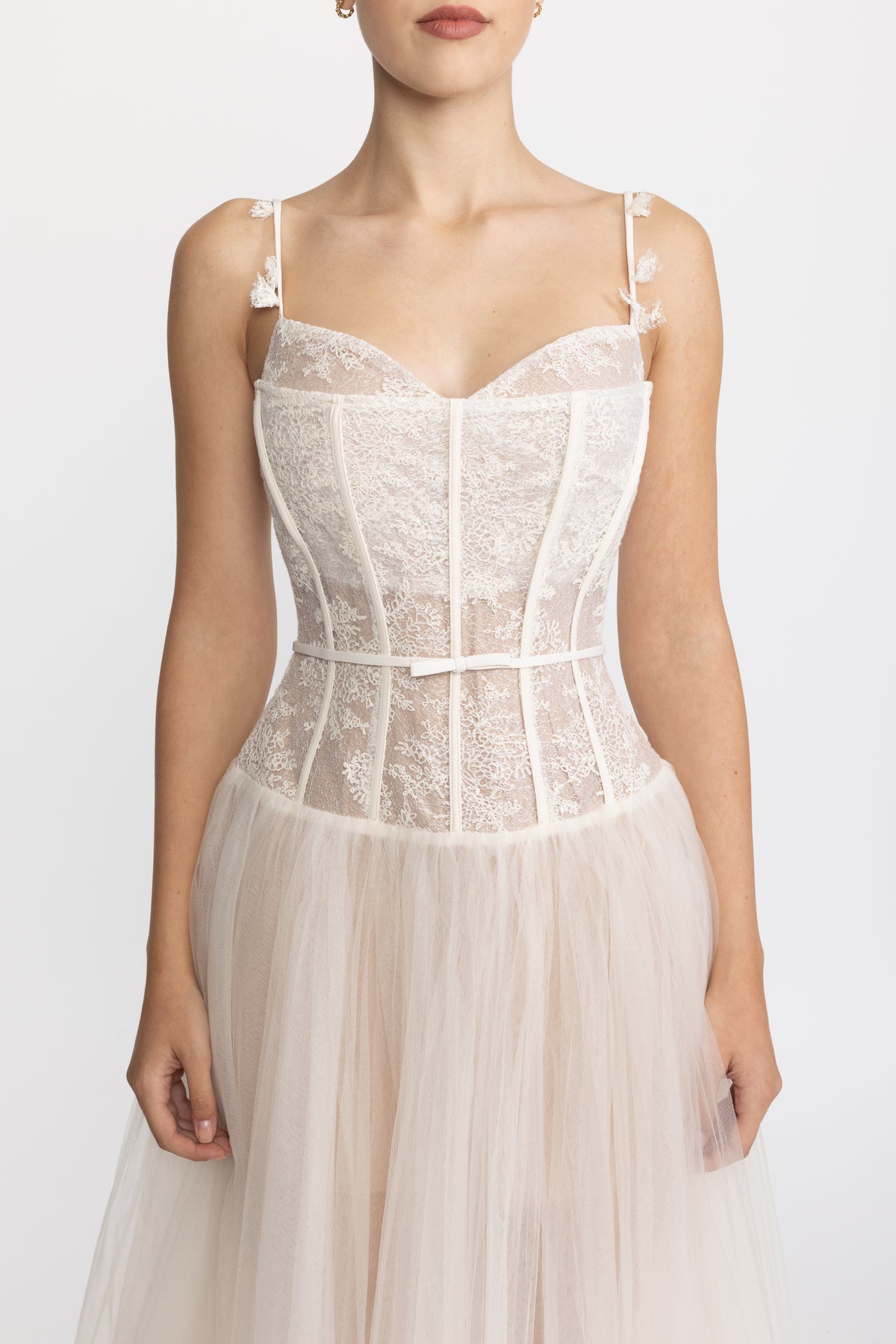 Midi-Kleid aus Tüll mit Spitzenkorsage – Beige