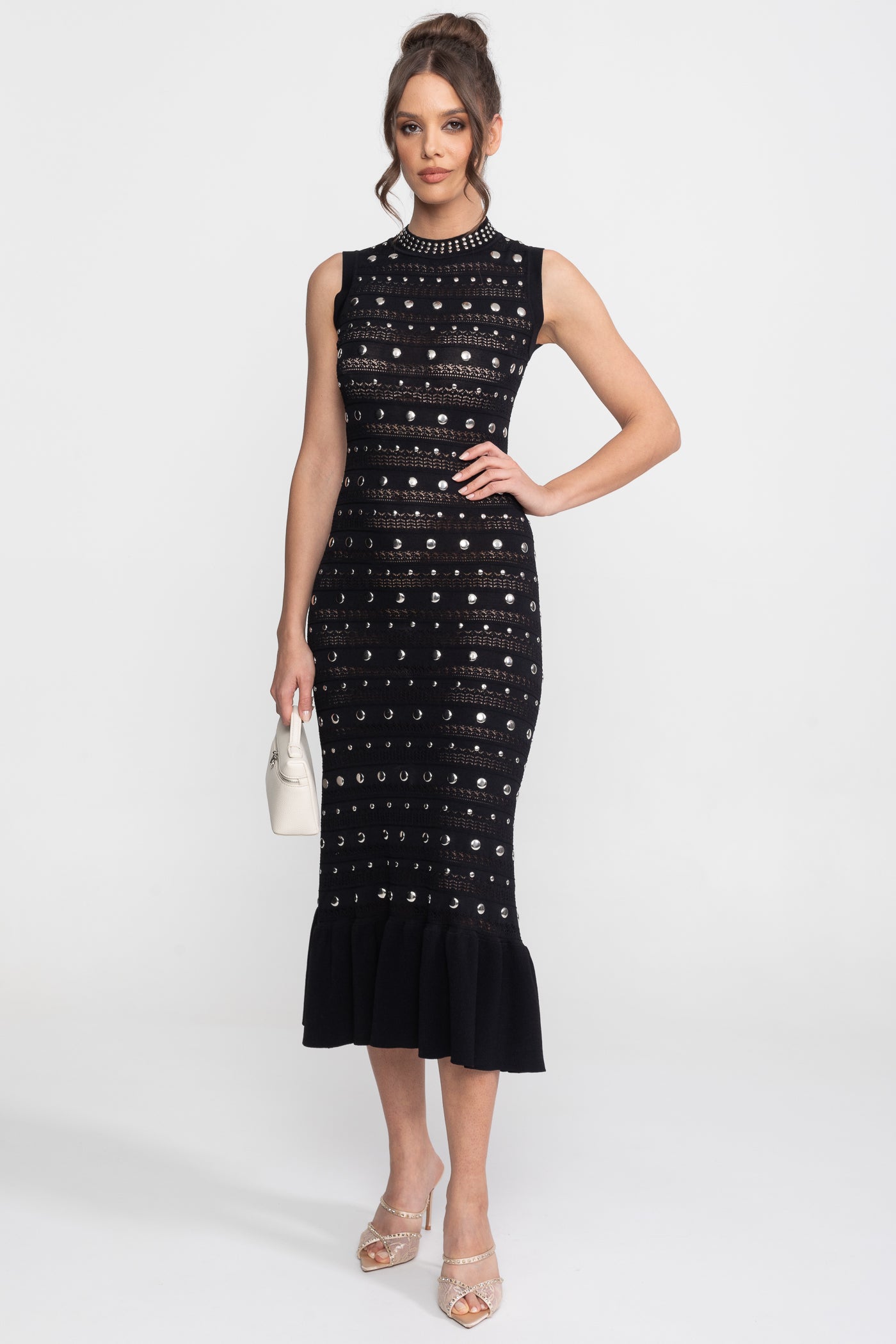 Embellished Knit Midi Dress With High Neck And Ruffle Hem - Black