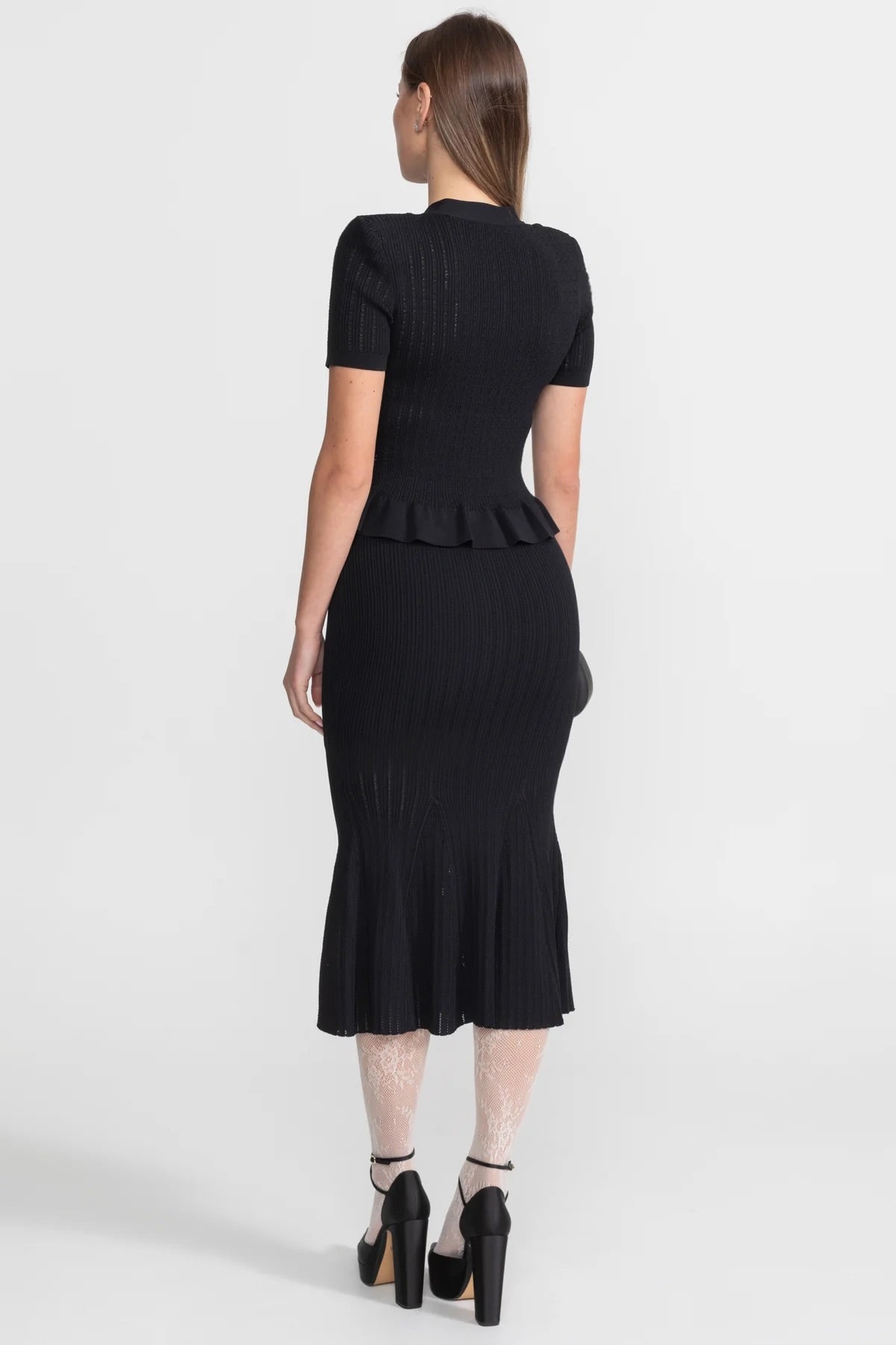 Knit Midi Co-Ord with Peplum Waist and Gold Buttons – Black