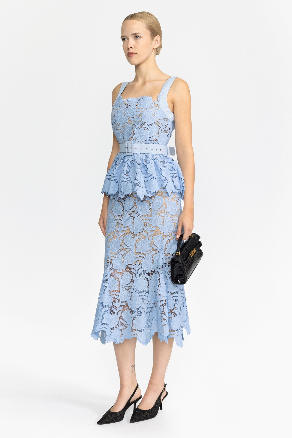 Set aus Guipure-Spitzen-Peplum-Top und Midirock - Hellblau