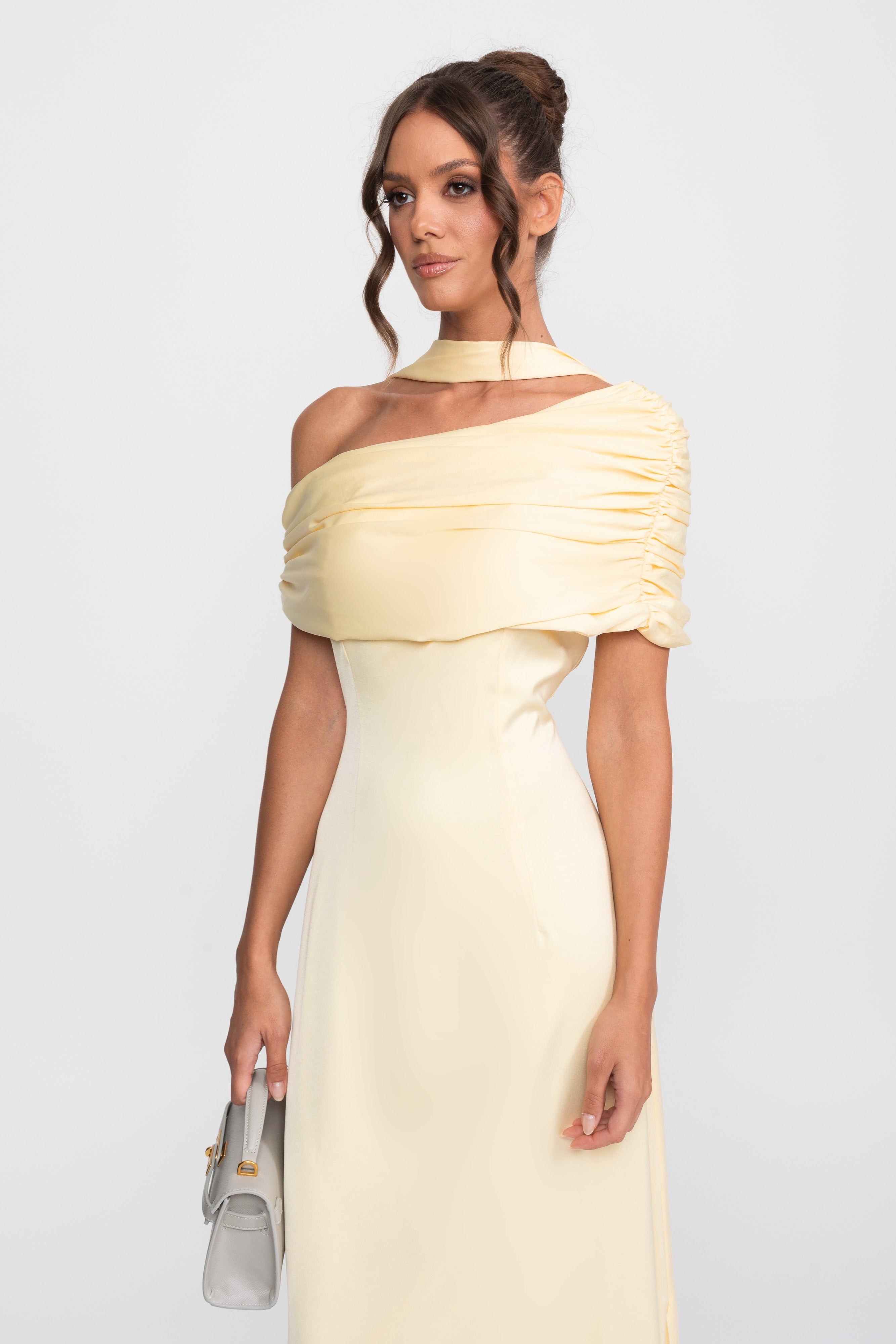 One-Shoulder Draped Satin Gown With Ruched Wrap - Yellow