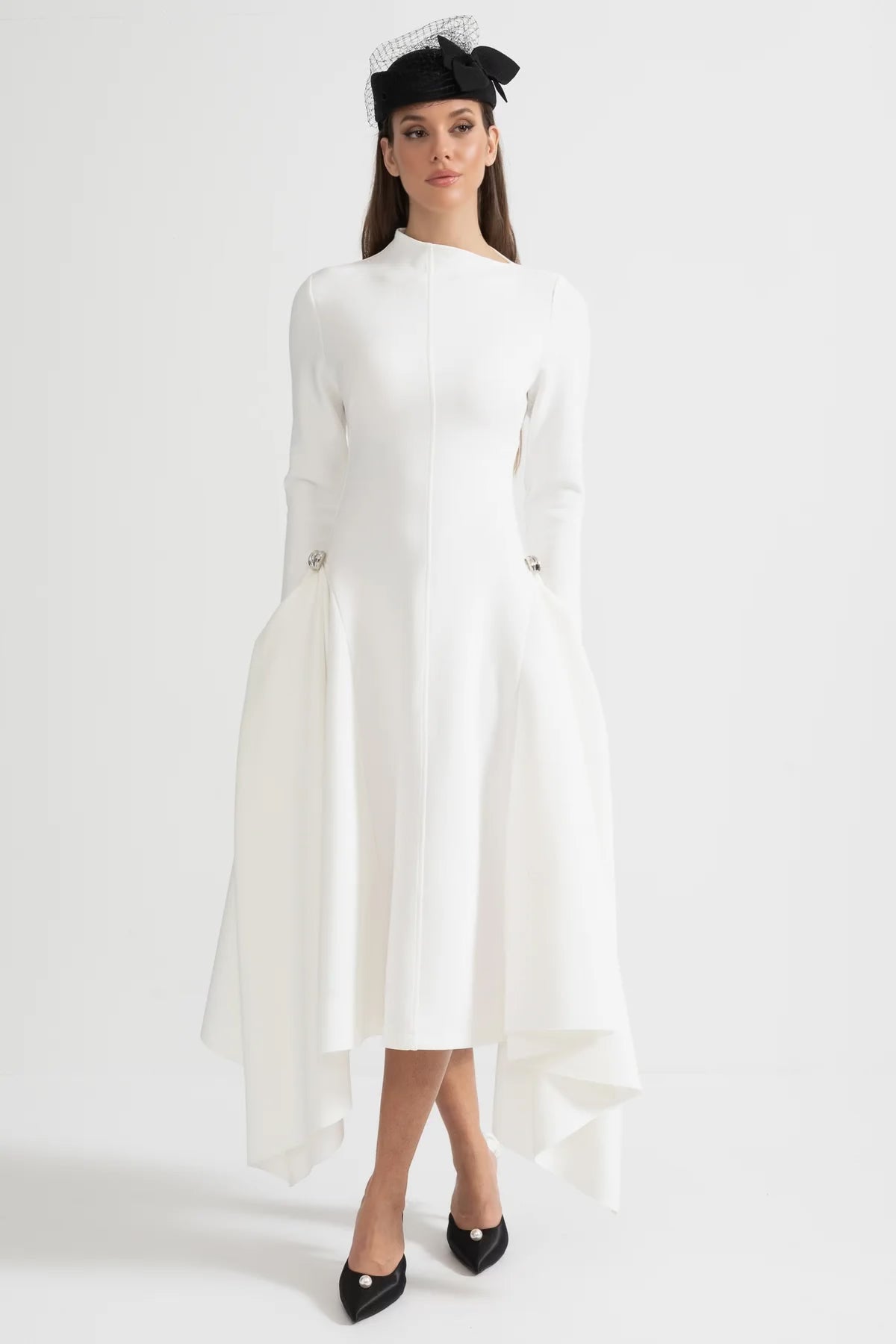 Long-Sleeved Dress With Asymmetrical Hem And Structured Silhouette - White