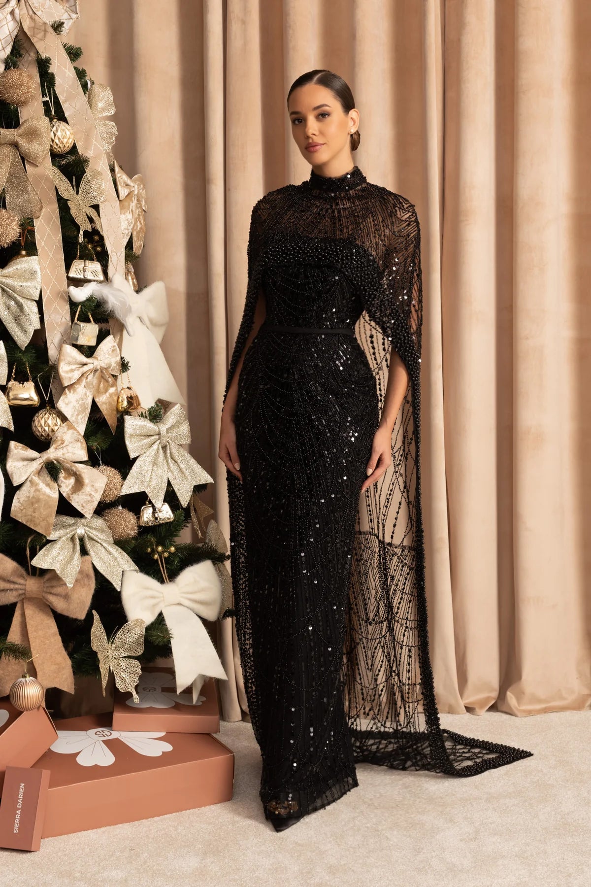 Glamorous Beaded Gown With Detachable Veil - Black