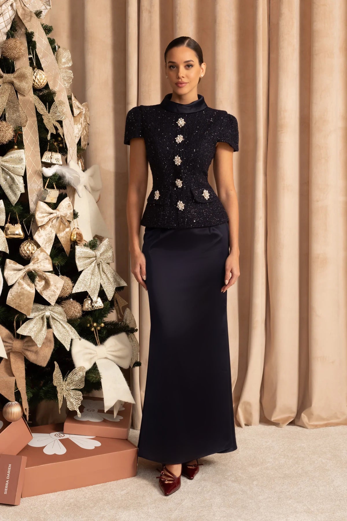 Co-Ord Set with Tweed Embellished Top and Satin Maxi Skirt - Navy
