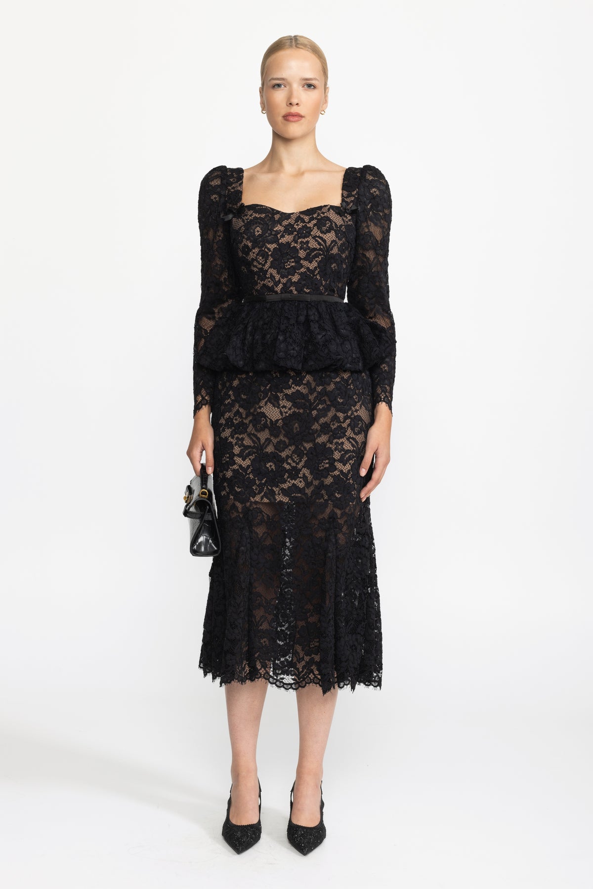 Peplum-Midikleid aus Spitze mit herzförmigem Ausschnitt und Puffärmeln - Schwarz