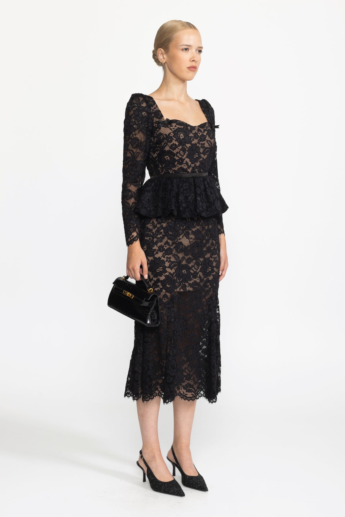 Peplum-Midikleid aus Spitze mit herzförmigem Ausschnitt und Puffärmeln - Schwarz