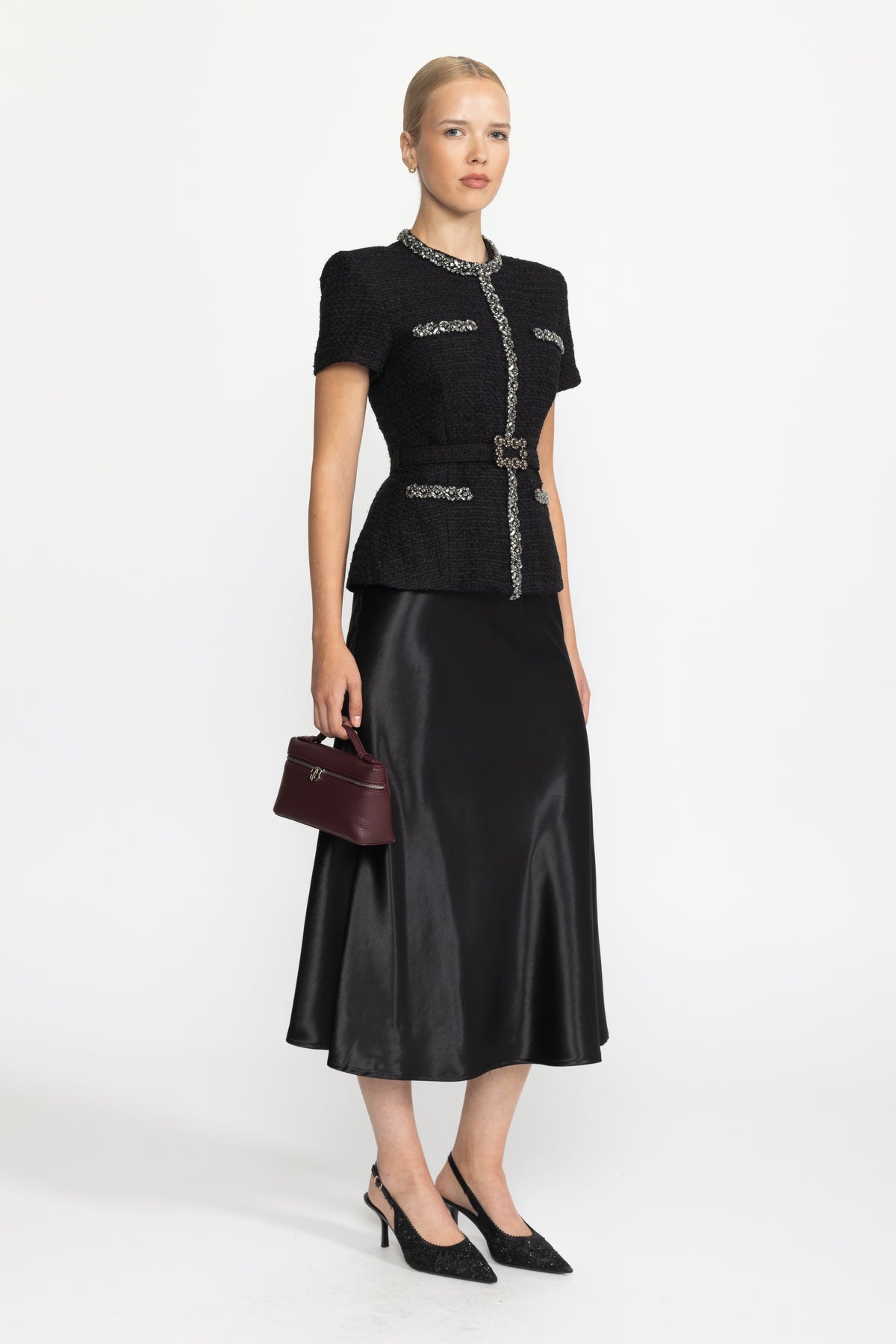 Tweed- und Satin-Midikleid mit Kristallbesatz und Schößchen - Schwarz