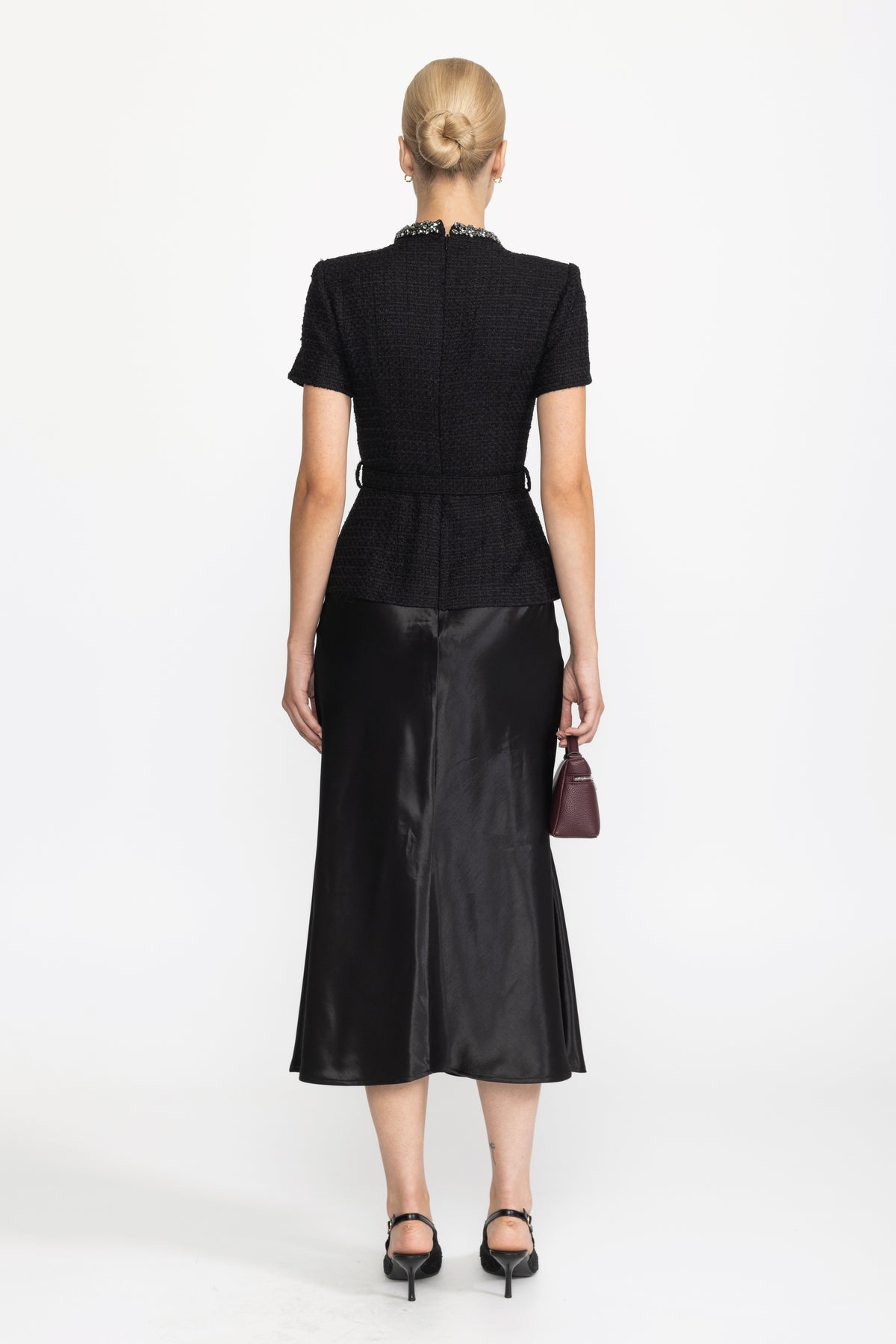Tweed- und Satin-Midikleid mit Kristallbesatz und Schößchen - Schwarz