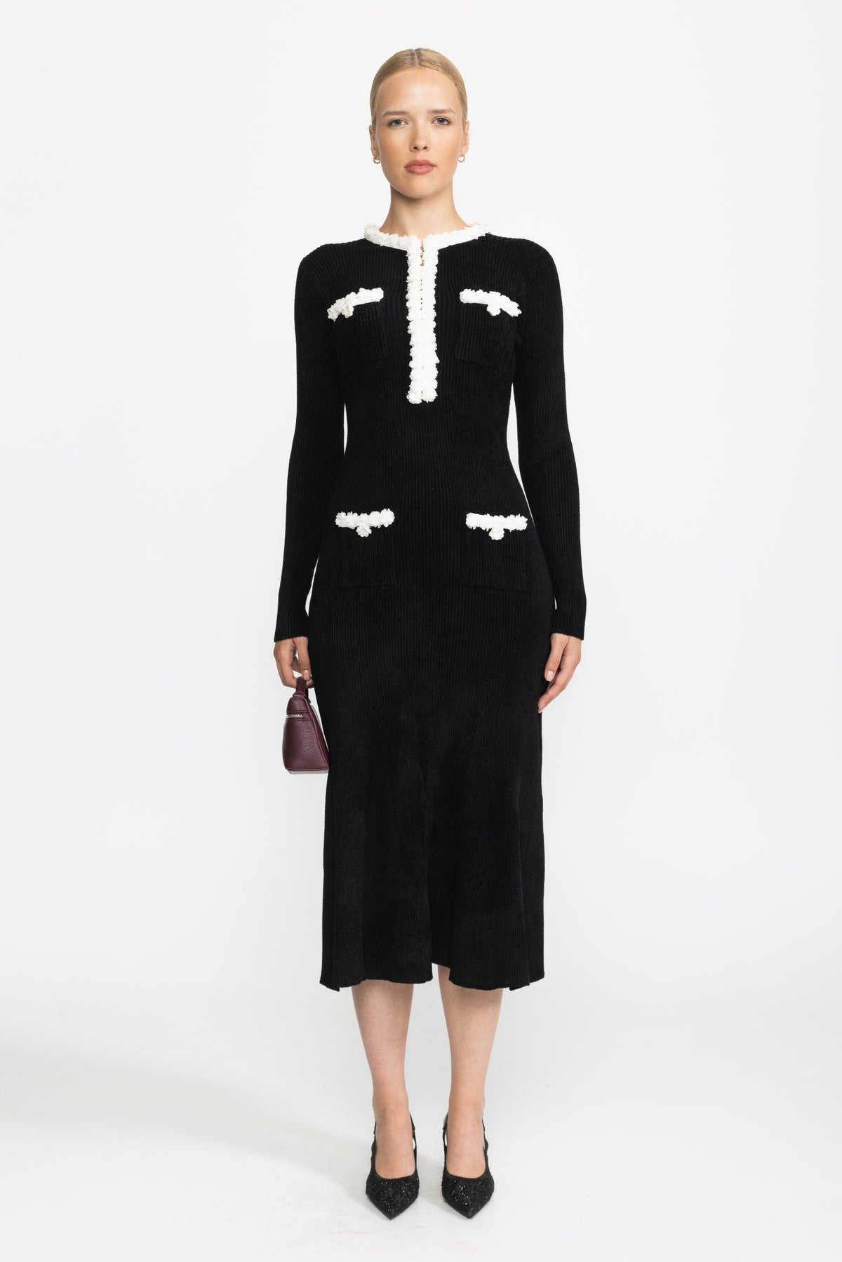 Chenille Knit Midi Dress with Contrast Bobble Trim - Black