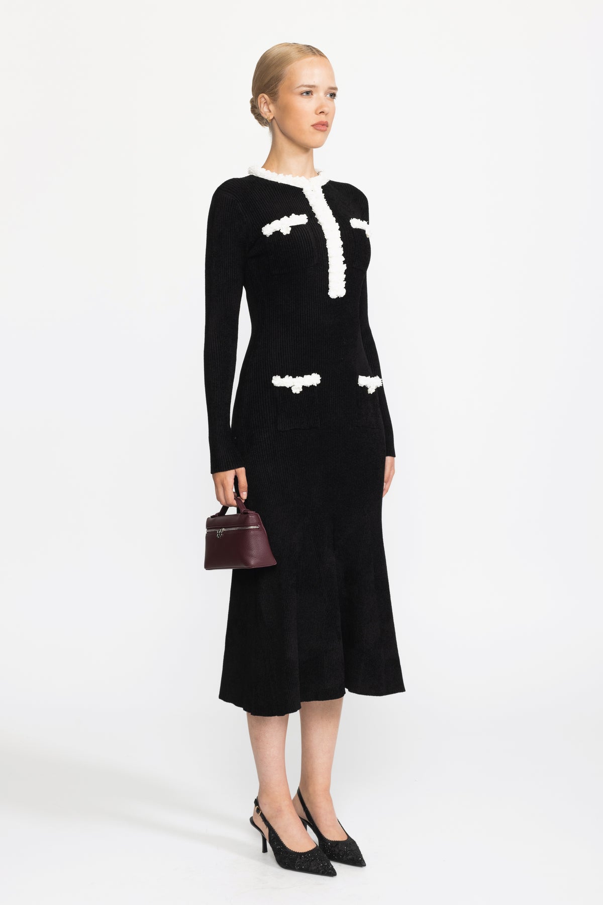Chenille Knit Midi Dress with Contrast Bobble Trim - Black