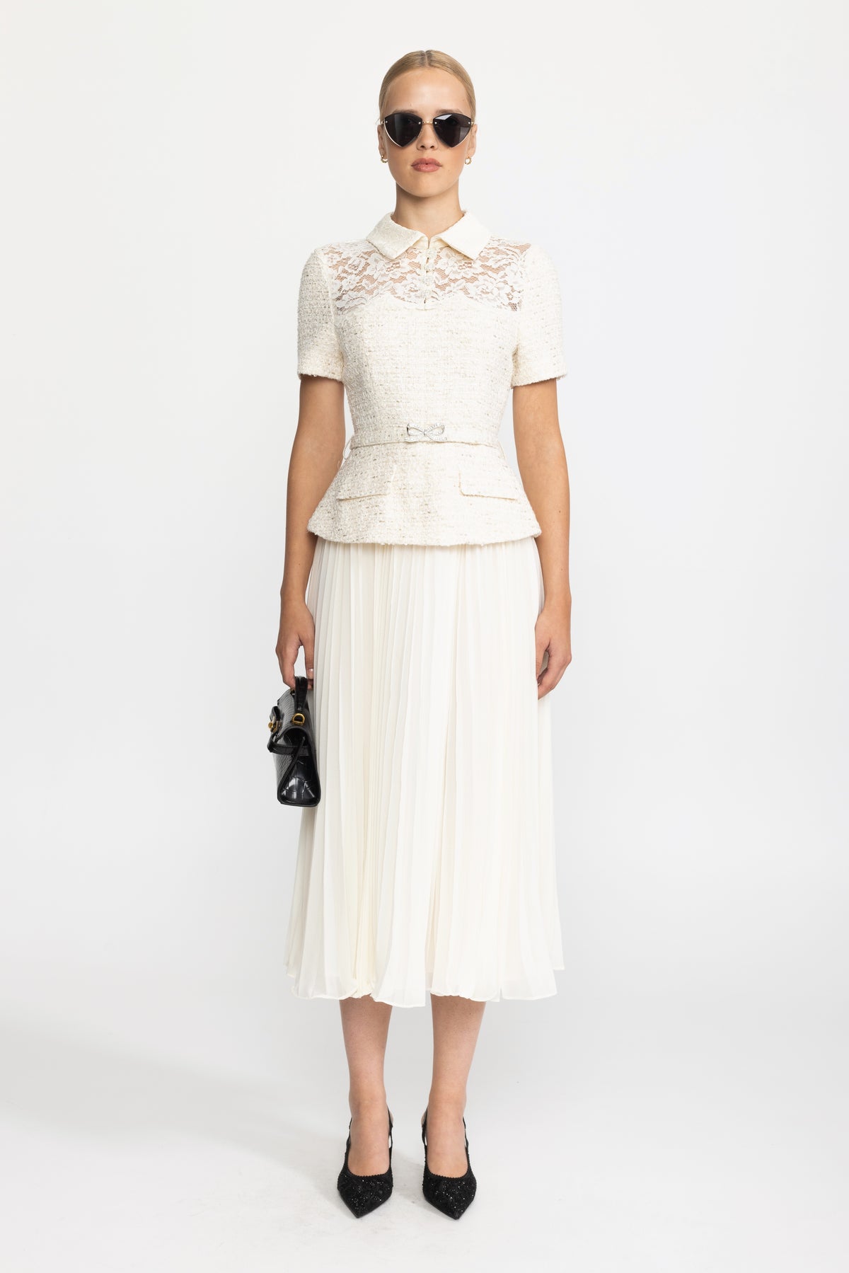 Tweed-Peplumkleid mit Spitzenpasse und plissiertem Rock - Ivoire