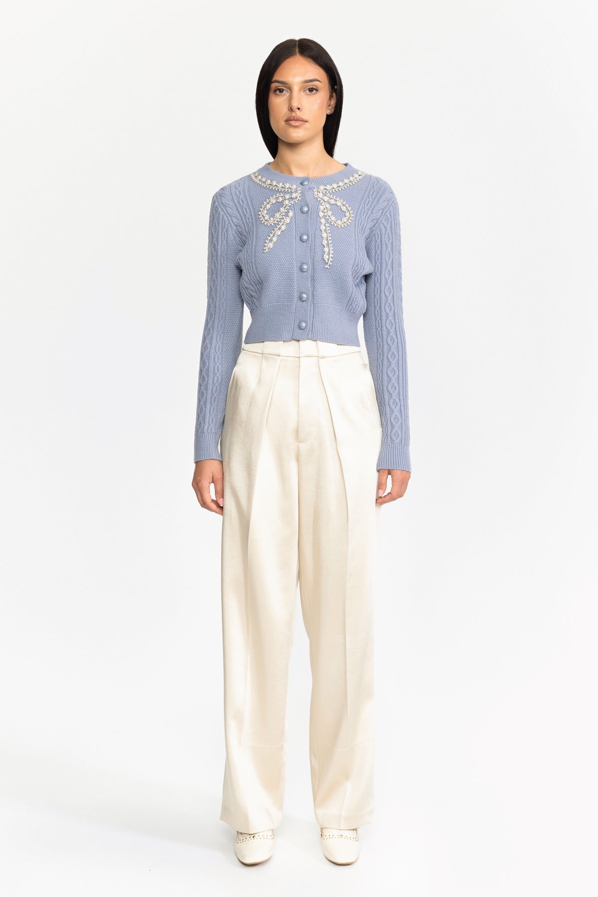 Cable-Strick-Cardigan mit Perlen und Schleife - Blau