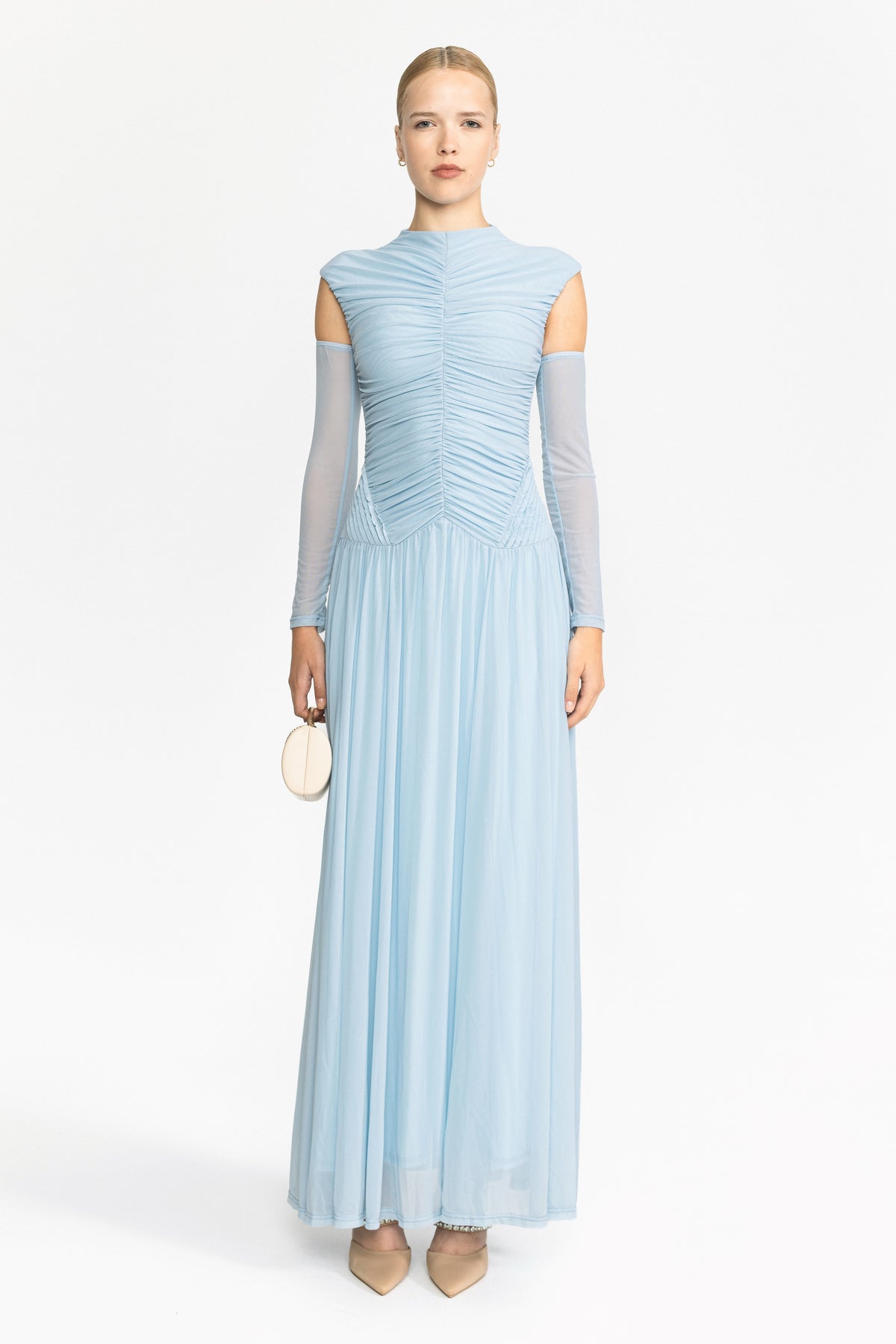 Maxikleid aus gerafftem Mesh mit tiefer Taille – Himmelblau