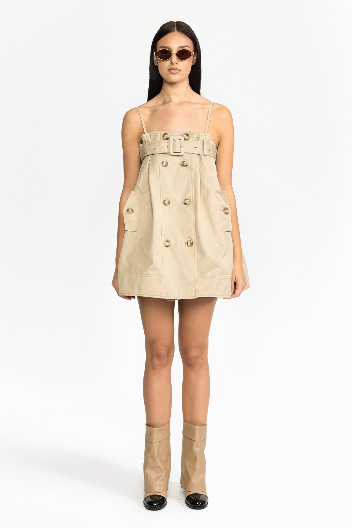 Babydoll-Minikleid im Trenchstil mit Gürtel – Khaki