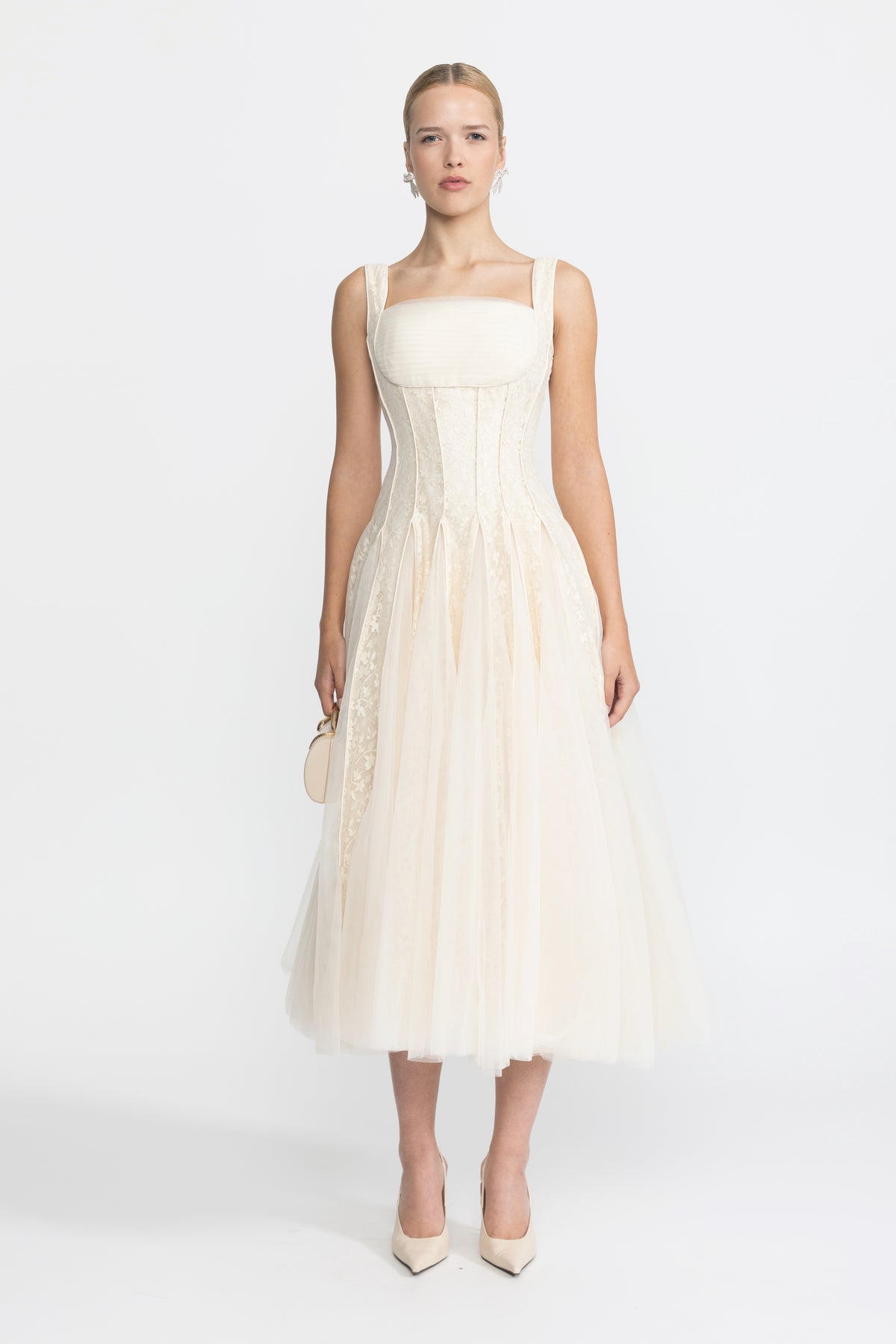 Lace Panel Corset Tulle Midi Dress - Ivoire