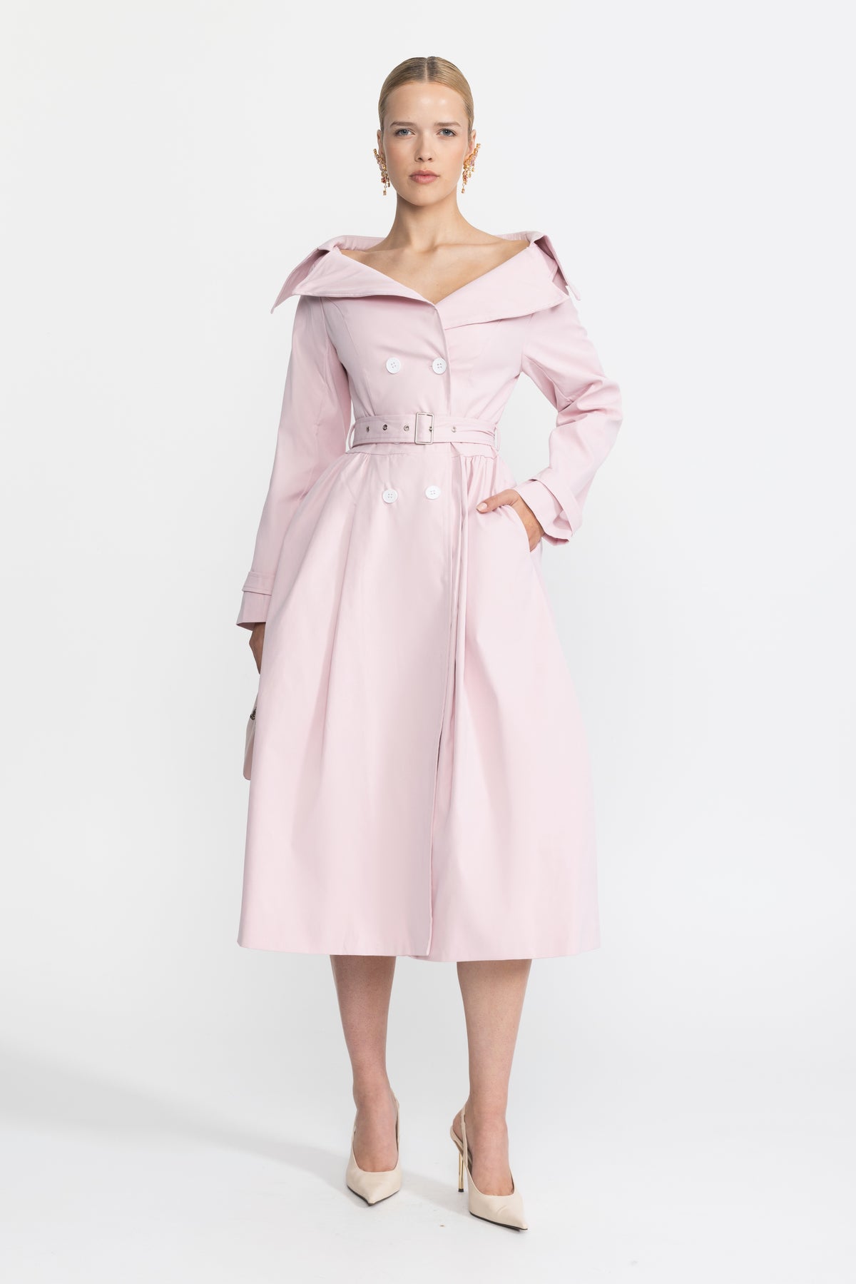 Off-Shoulder Collar Belted Trench Dress - Pink