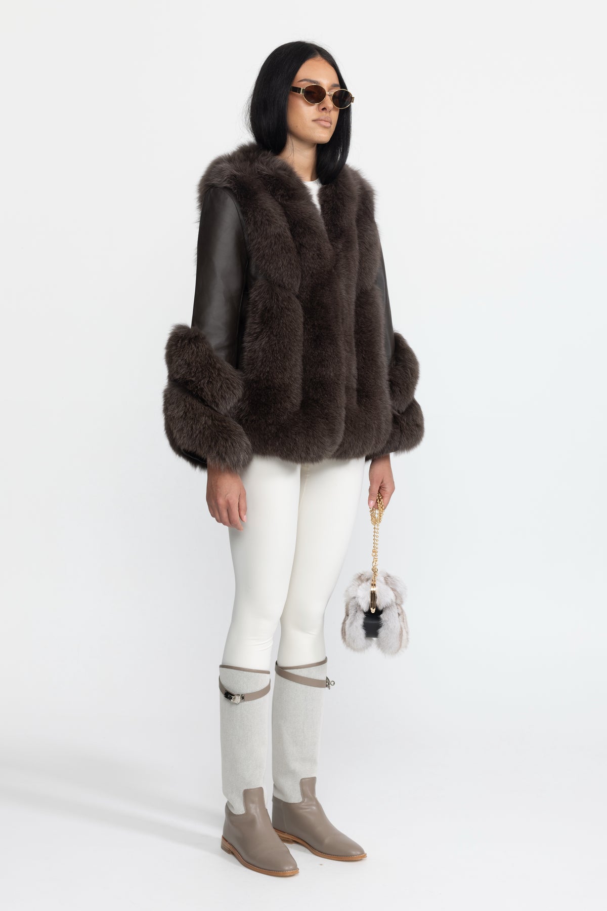 Fox Fur Panel Shearling Jacket - Chocolate
