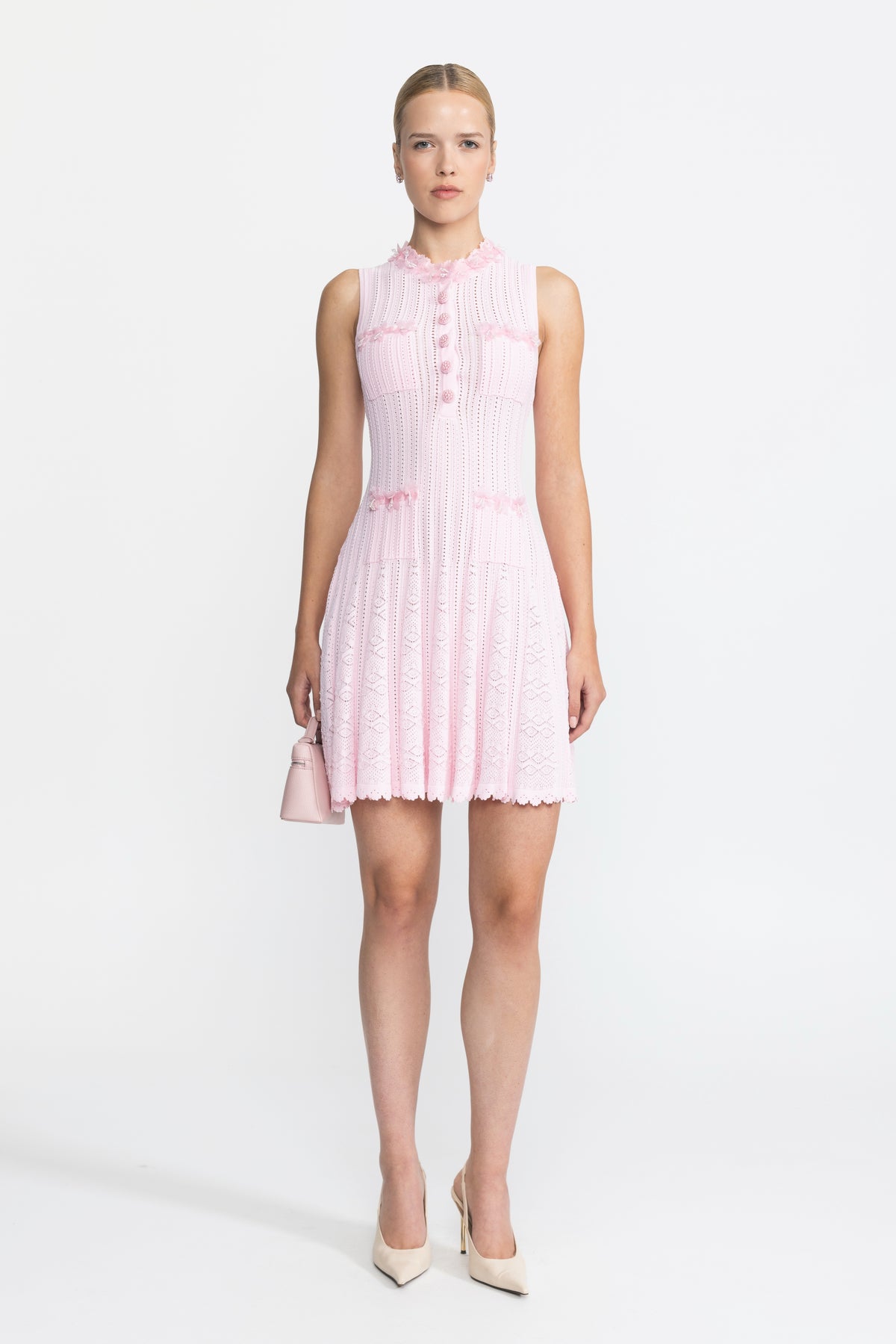 Mini-Kleid aus Pointelle-Strick mit Organza-Blütenbesatz – Pink