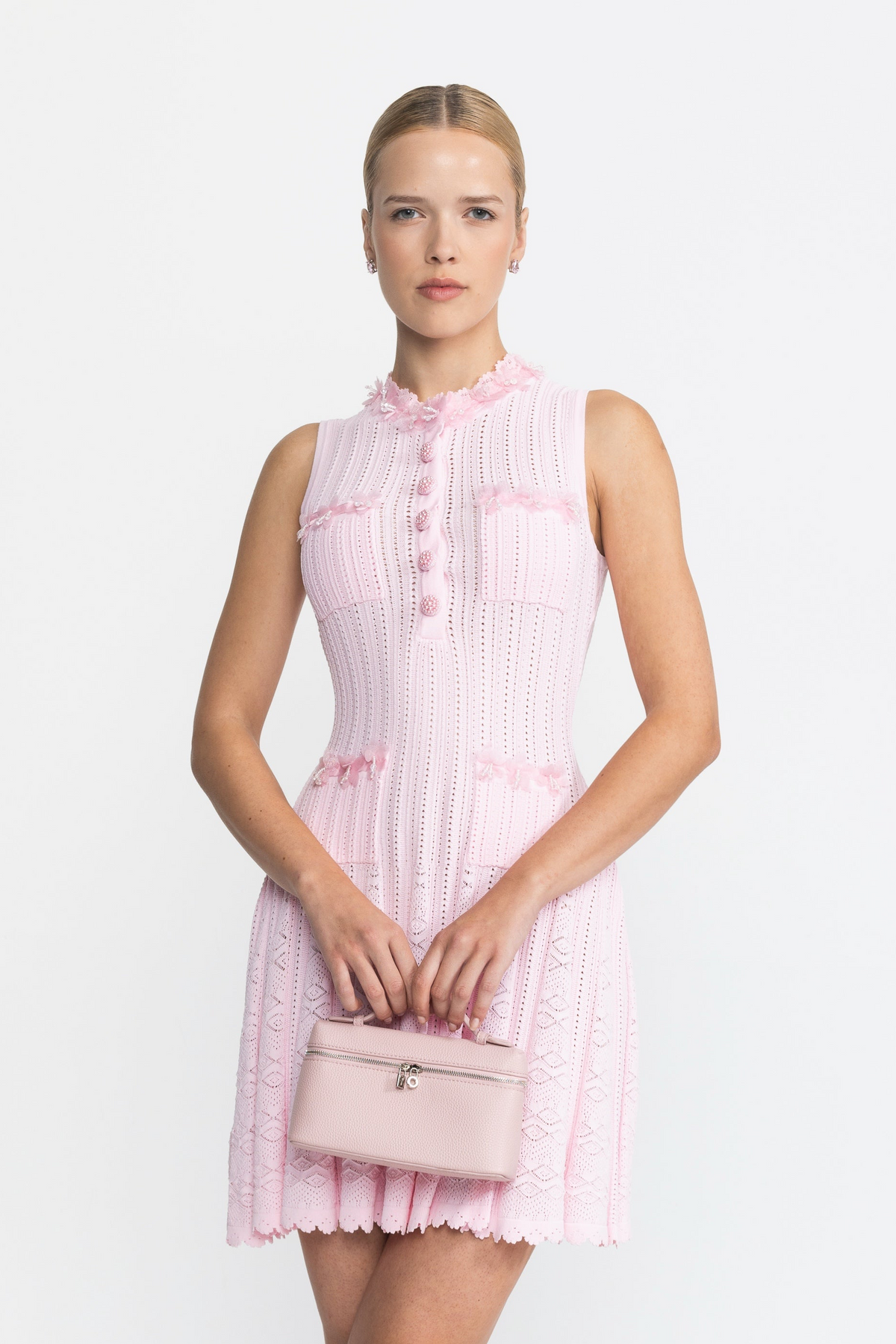 Mini-Kleid aus Pointelle-Strick mit Organza-Blütenbesatz – Pink