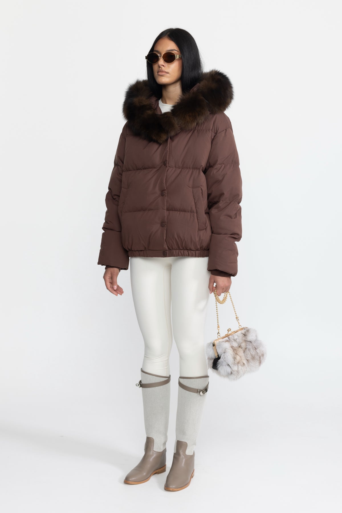 Fox Fur Hood Cropped Down Puffer Jacket - Chocolate