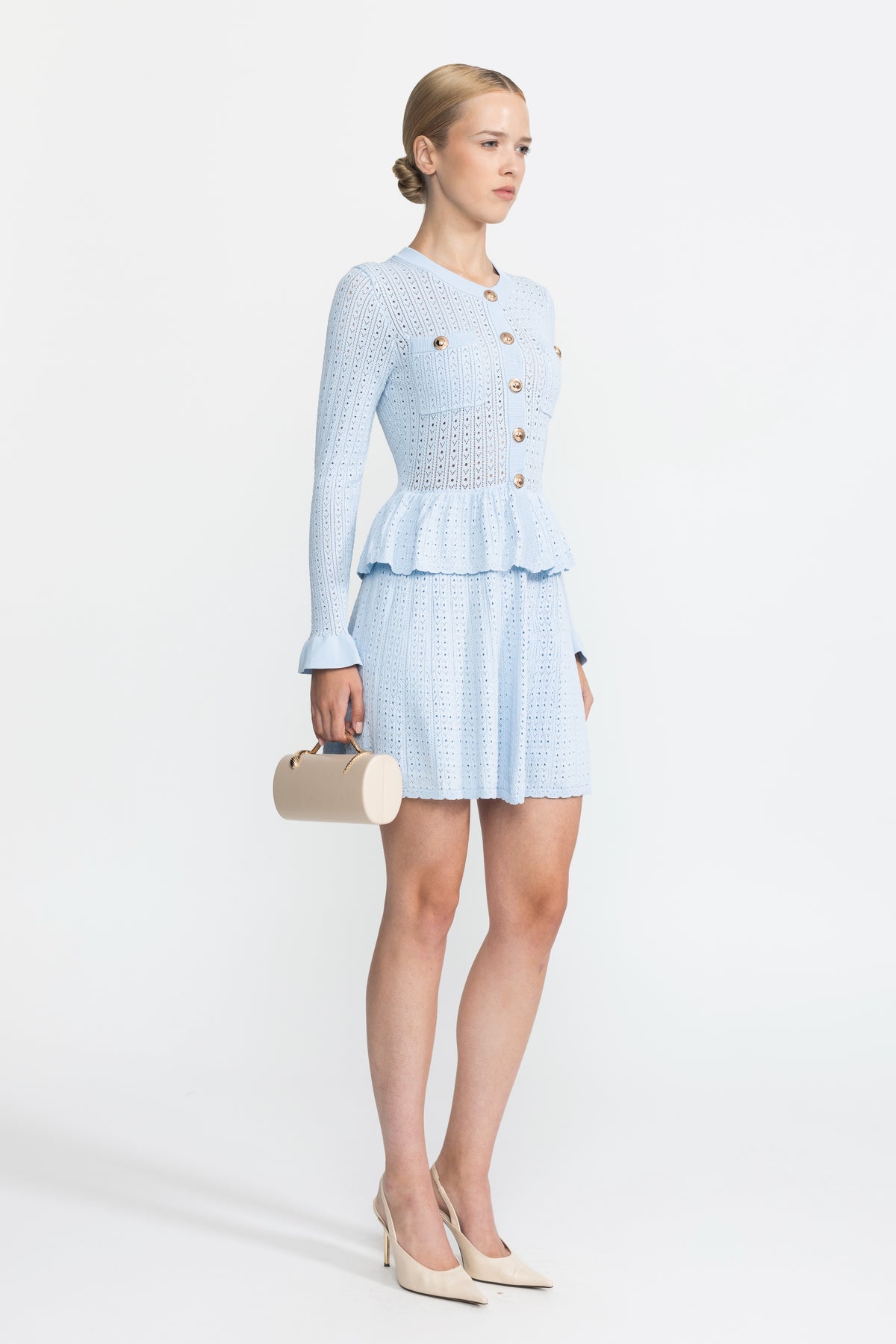 Pointelle Knit Peplum Mini Dress with Gold Buttons - Light Blue