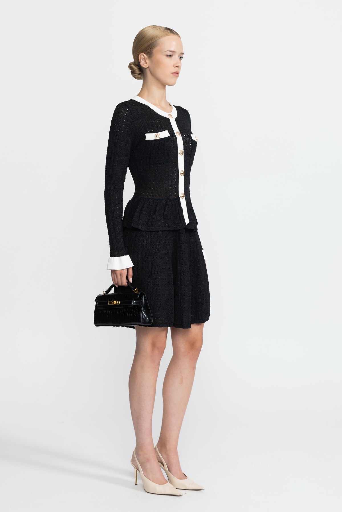 Pointelle Knit Peplum Mini Dress with Gold Buttons - Black