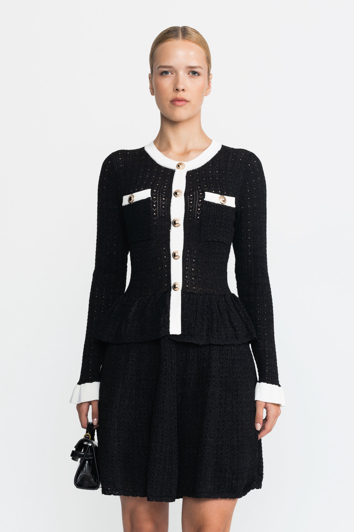 Pointelle Knit Peplum Mini Dress with Gold Buttons - Black