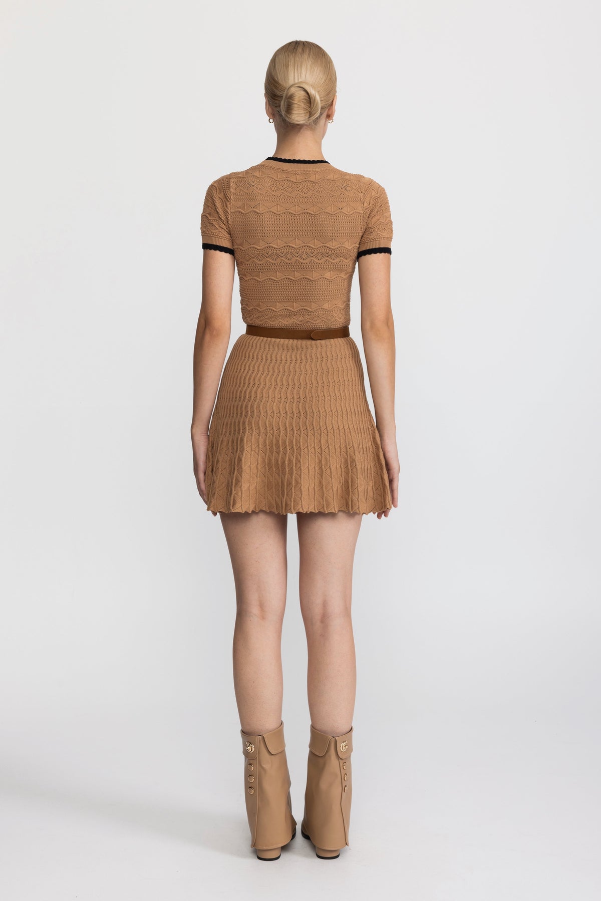 Pointelle Knit Belted Mini Dress with Contrast Trim - Camel