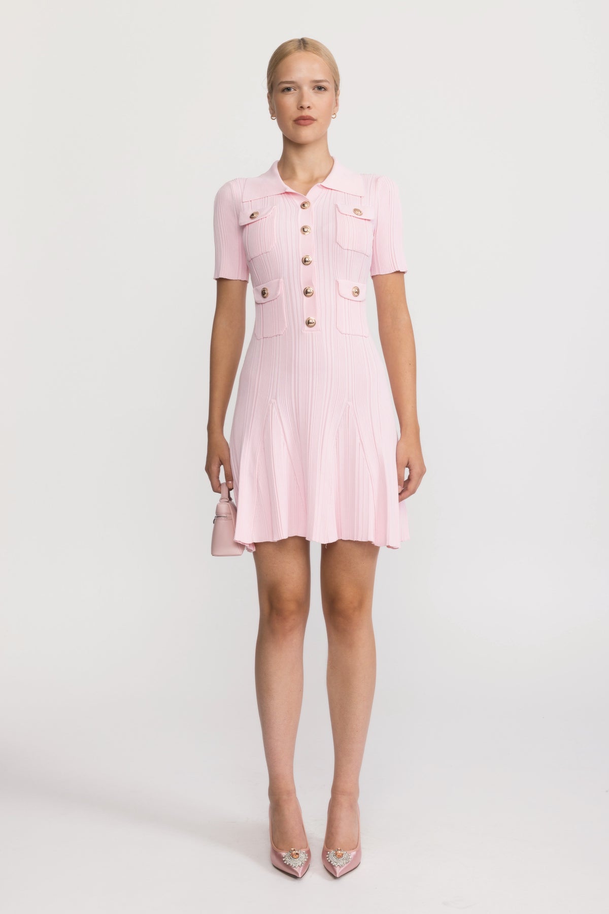 Polo Collar Rib Knit Mini Dress with Gold Buttons - Pink