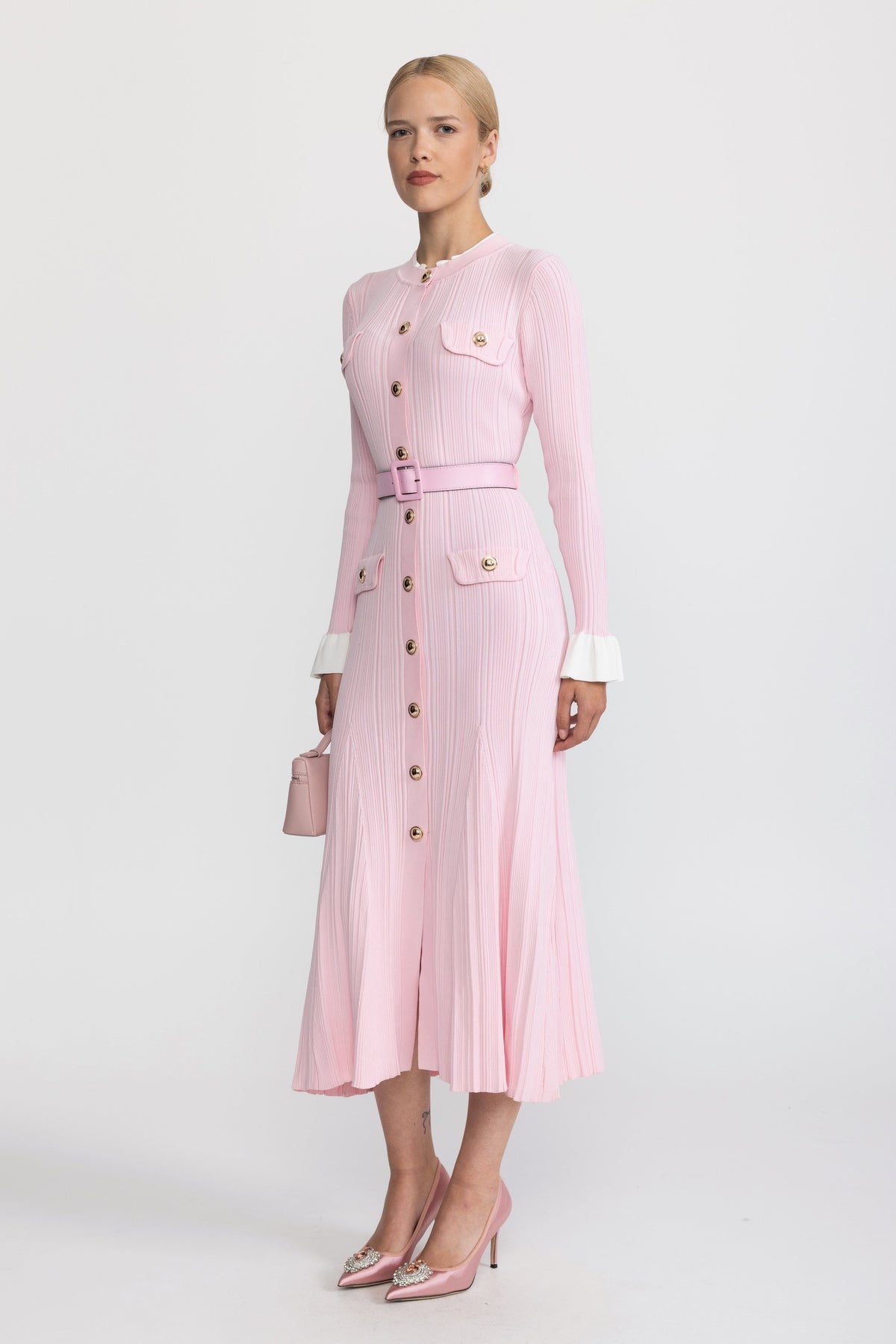 Belted Rib Knit Button-Front Midi Dress - Pink