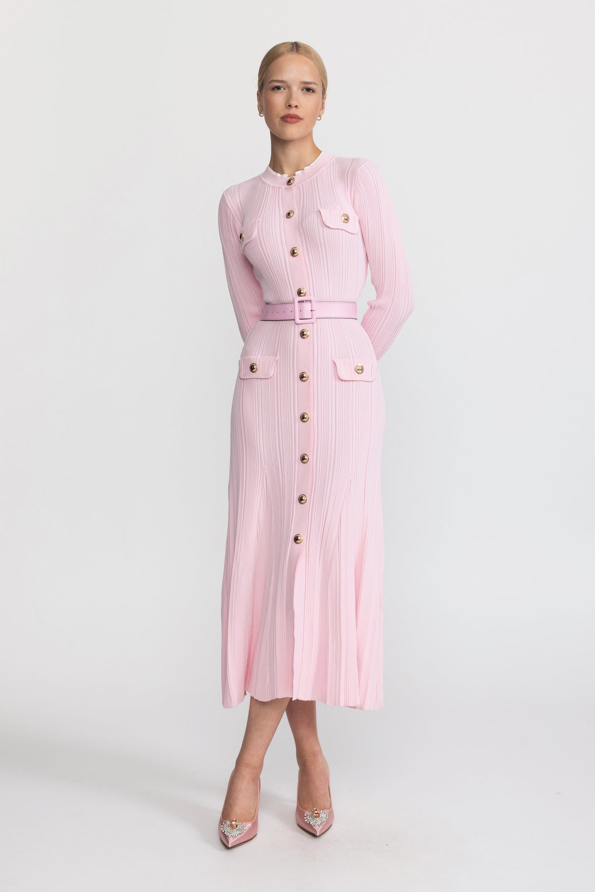 Belted Rib Knit Button-Front Midi Dress - Pink
