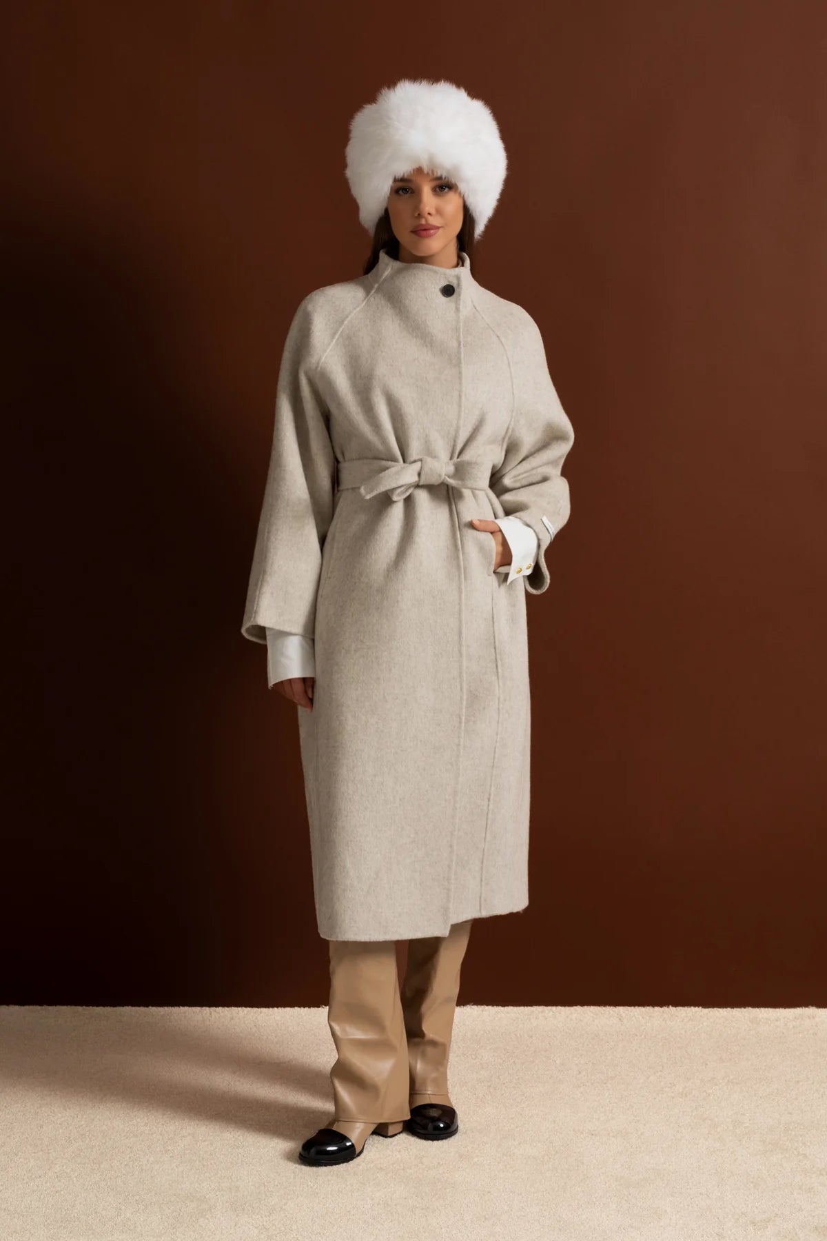 Belted Midi Coat With High Neckline - Beige