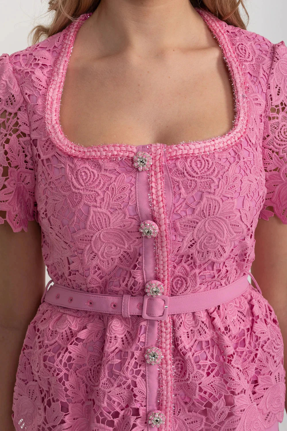Elegant Dress With Lace Top, Matching Belt And Coordinated Skirt - Pink